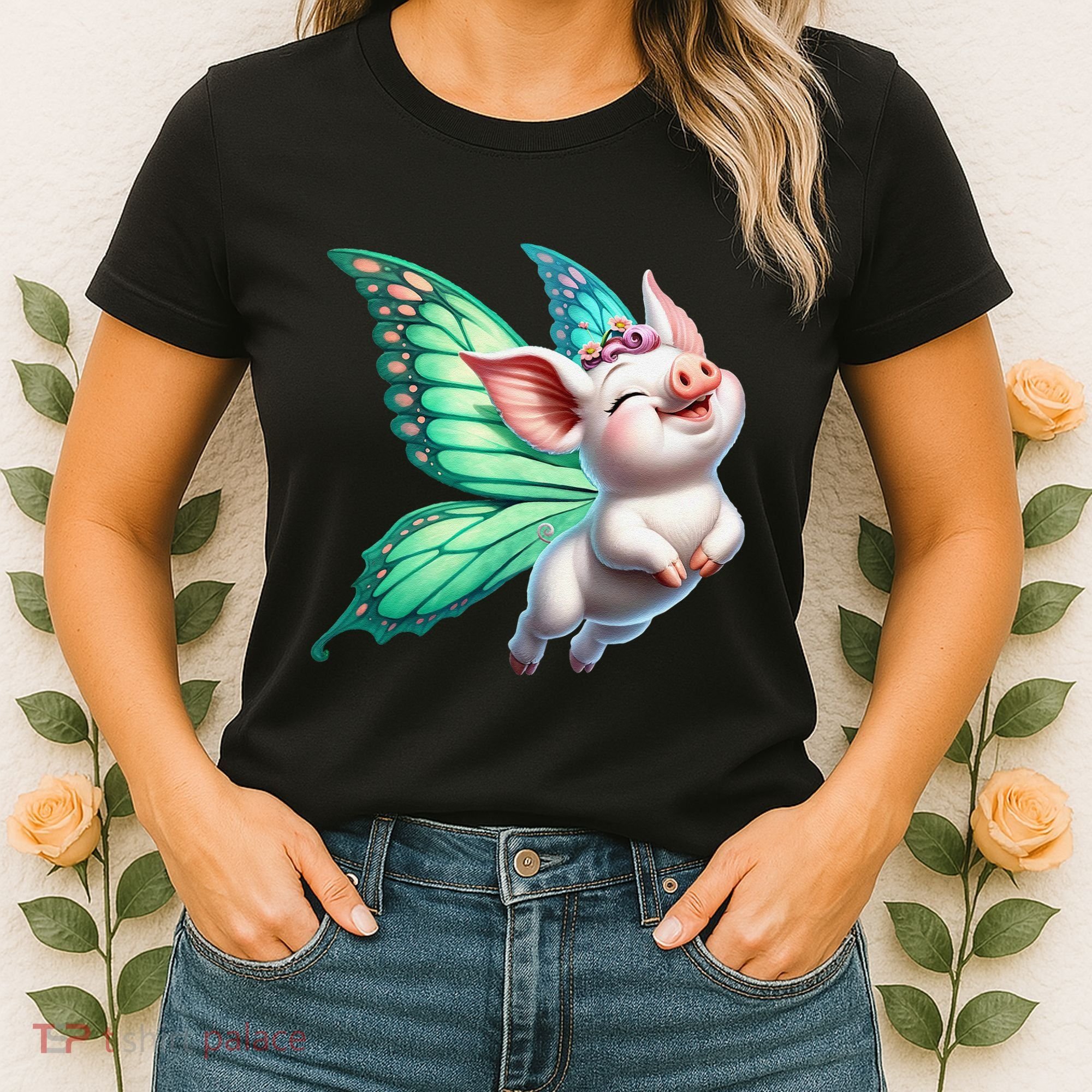 Happy Flying Pig With Butterfly Wings Fly Pig Lovers Women's T-Shirt