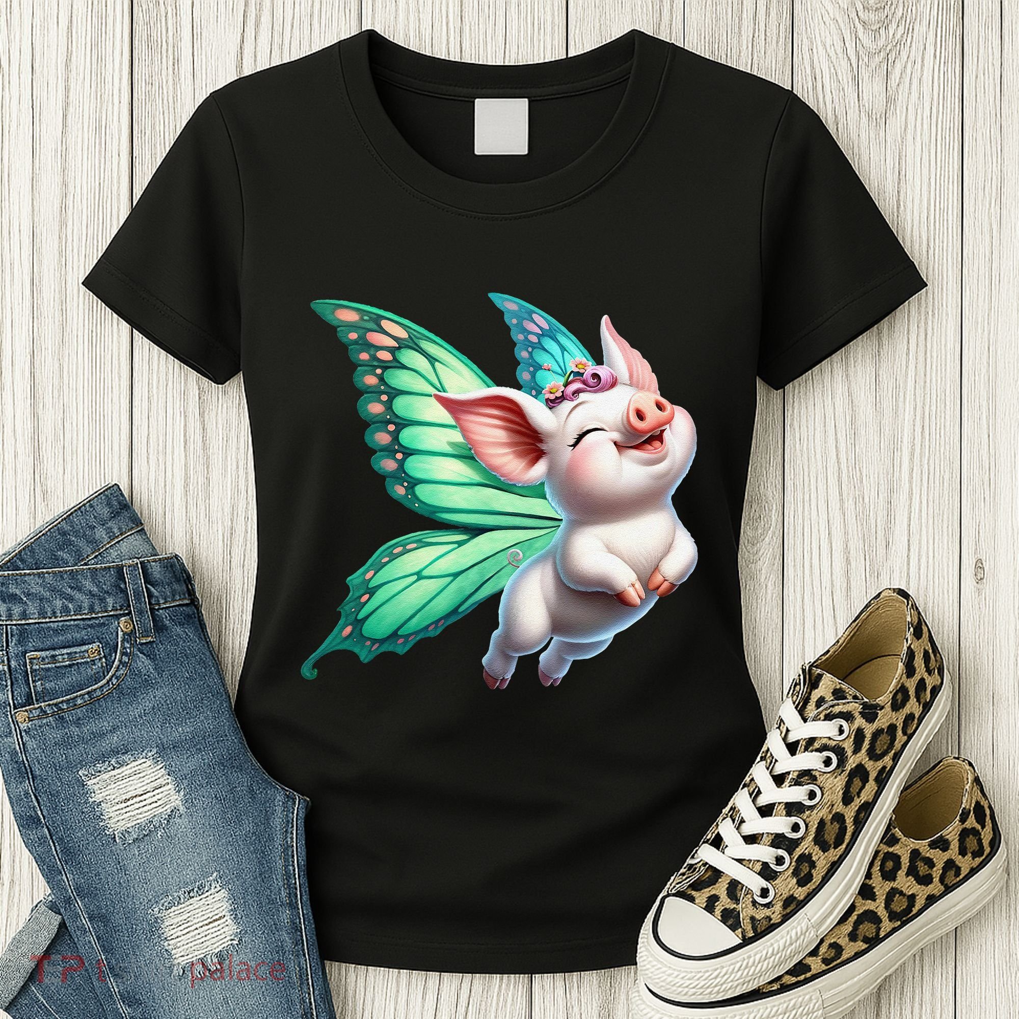 Happy Flying Pig With Butterfly Wings Fly Pig Lovers Women's T-Shirt