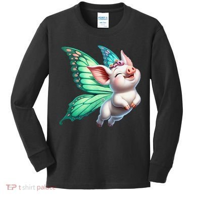 Happy Flying Pig With Butterfly Wings Fly Pig Lovers Kids Long Sleeve Shirt