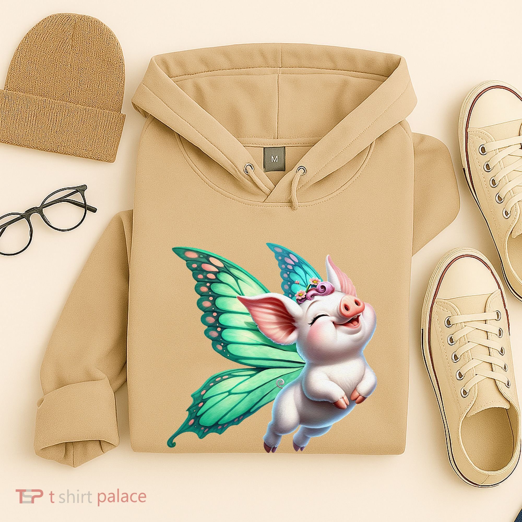 Happy Flying Pig With Butterfly Wings Fly Pig Lovers Hoodie