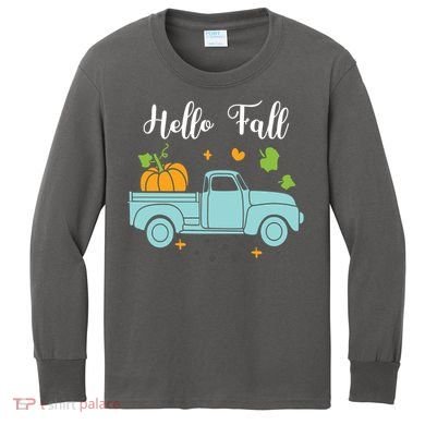 Hello Fall Pumpkin Vintage Truck Kids Long Sleeve Shirt