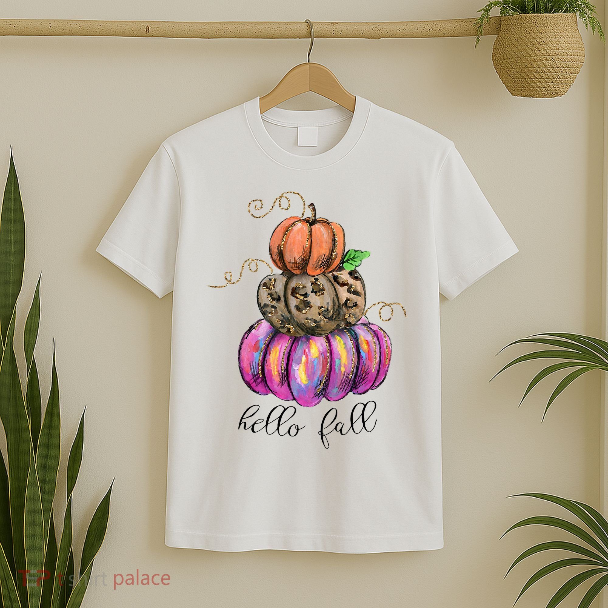 Hello Fall Watercolor Pumpkin Colorful Pumpkin Thanksgiving T-Shirt