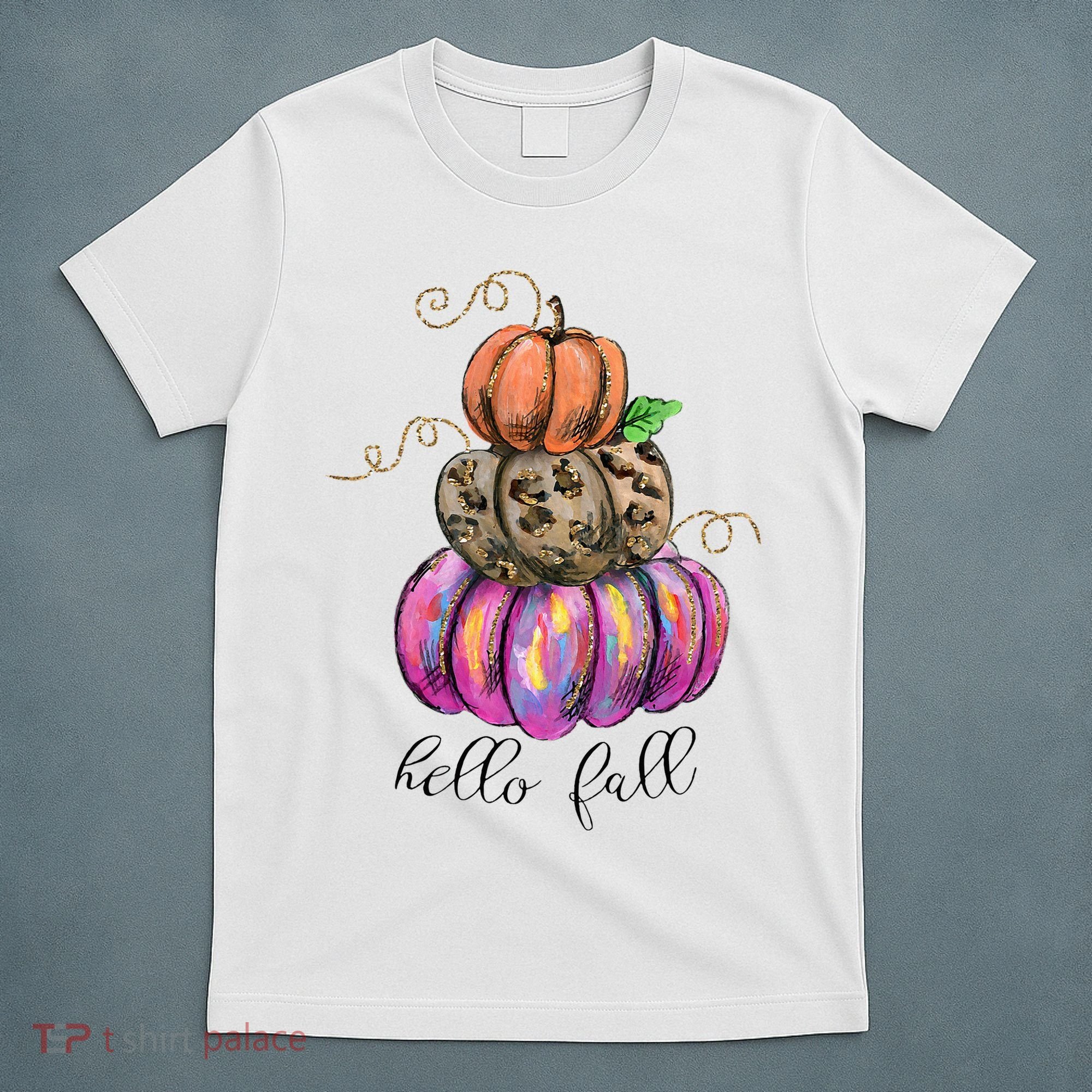 Hello Fall Watercolor Pumpkin Colorful Pumpkin Thanksgiving T-Shirt