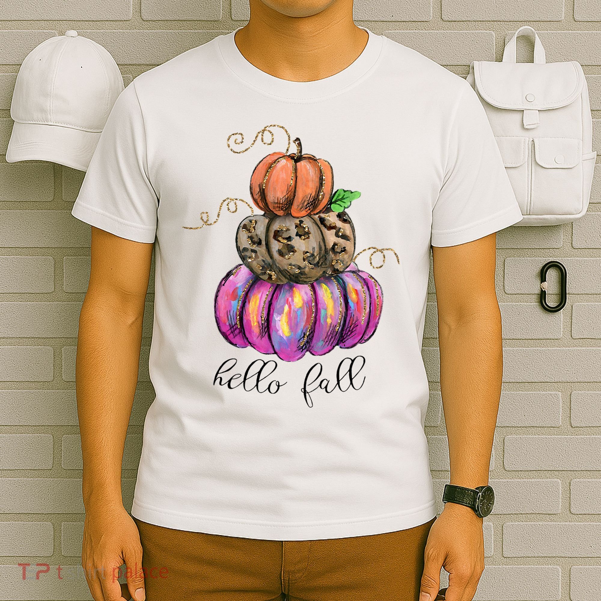 Hello Fall Watercolor Pumpkin Colorful Pumpkin Thanksgiving T-Shirt