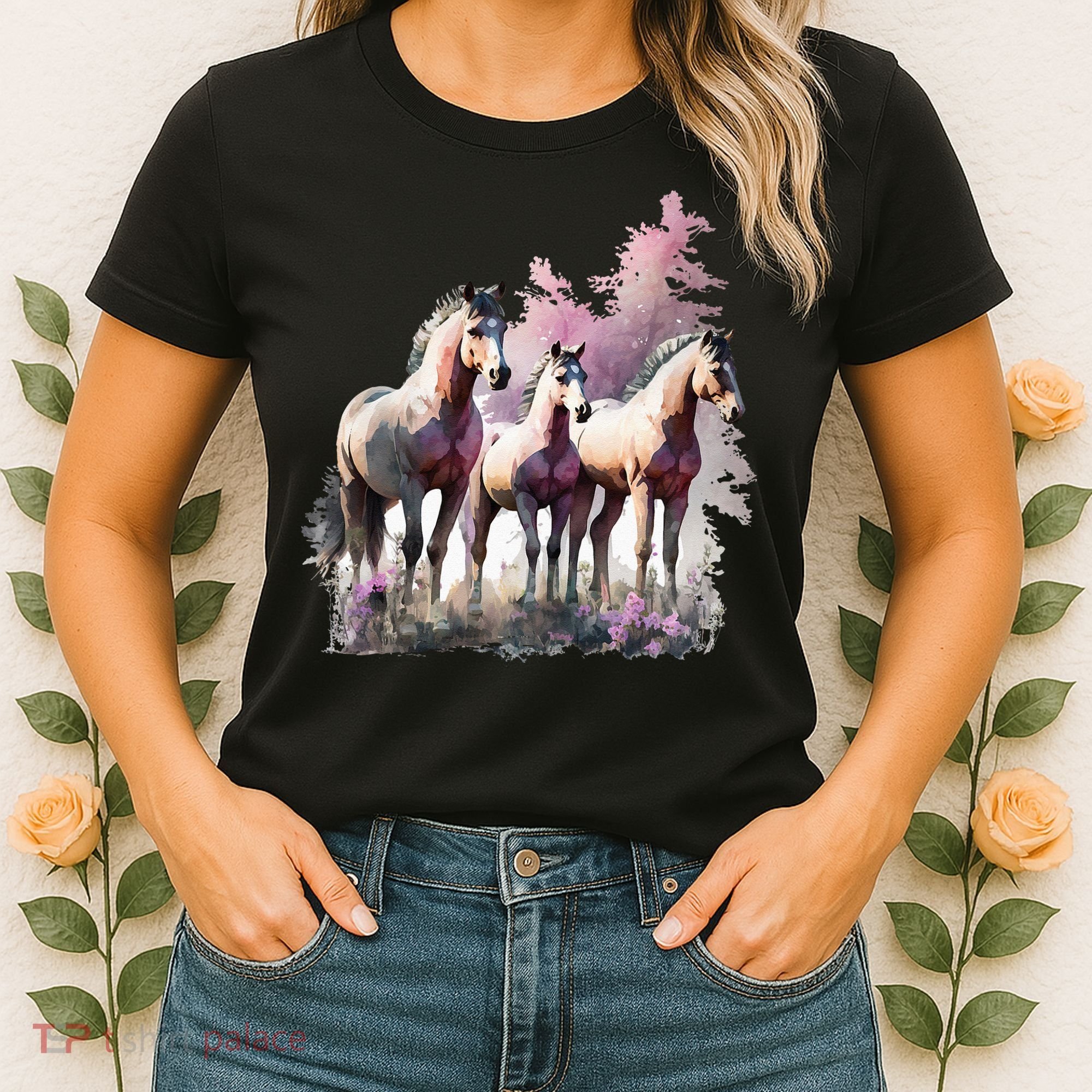 Horses Flowers Wild Mane Boho Western Southern Cow Women's T-Shirt