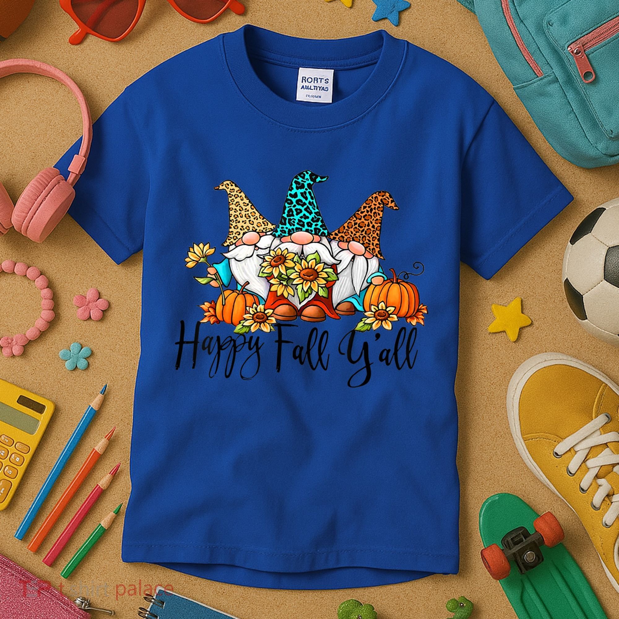 Happy Fall Y'all Gnomes Leopard Pumpkin Autumn Thanksgiving Gift Kids T-Shirt