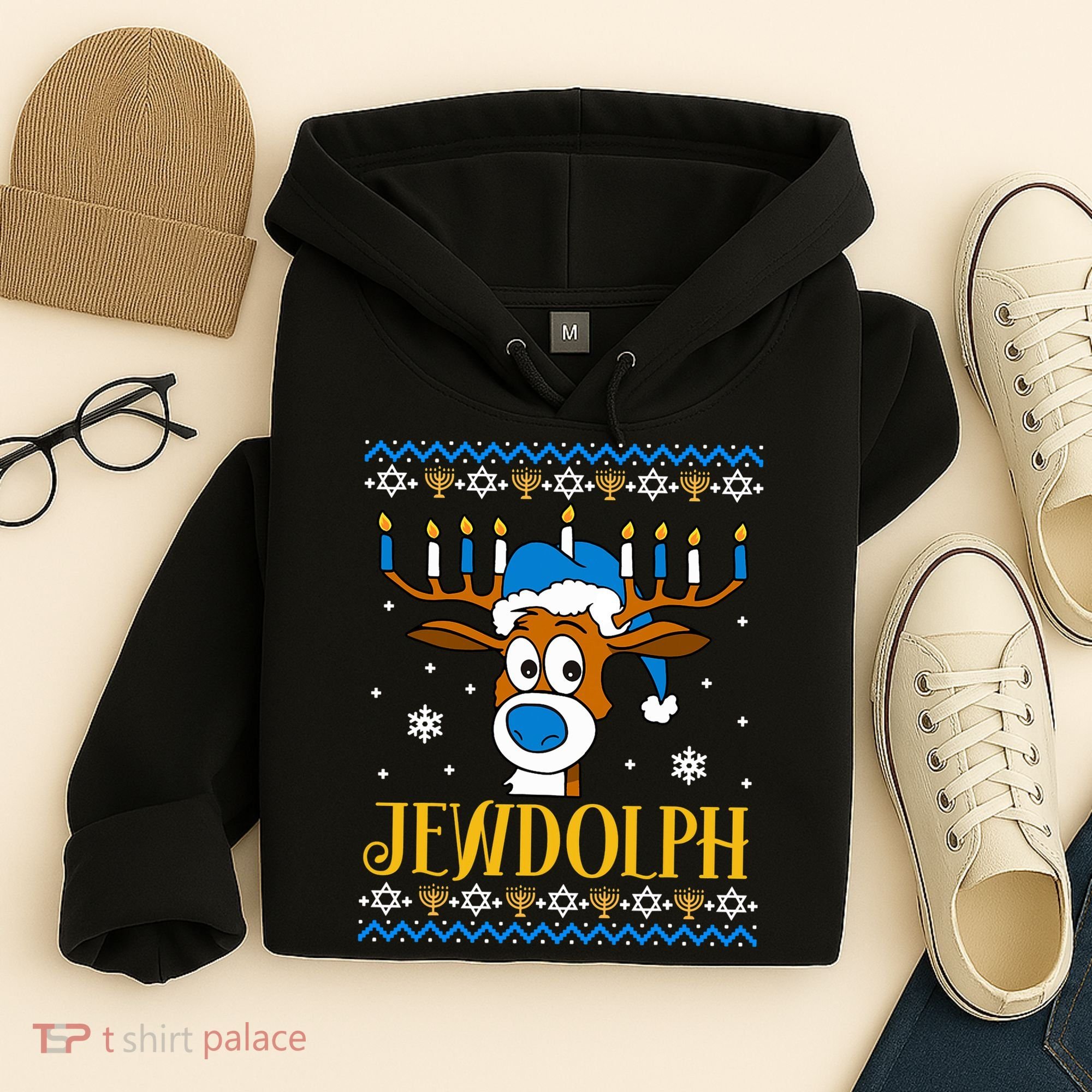 Hanukkah Gets A Humorous Touch With The Funny Jewdolph Ugly Sweater Featuring A Hoodie