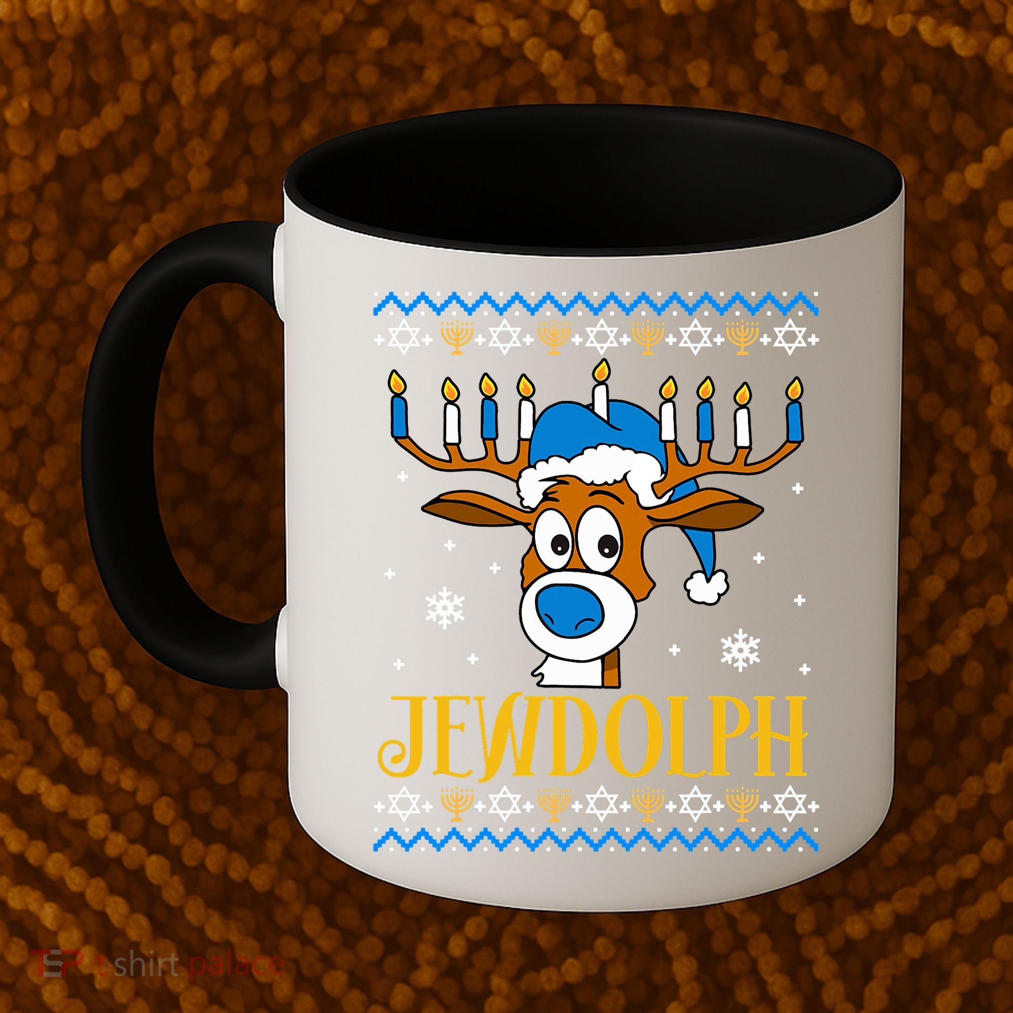 Hanukkah Gets A Humorous Touch With The Funny Jewdolph Ugly Sweater Featuring A Coffee Mug