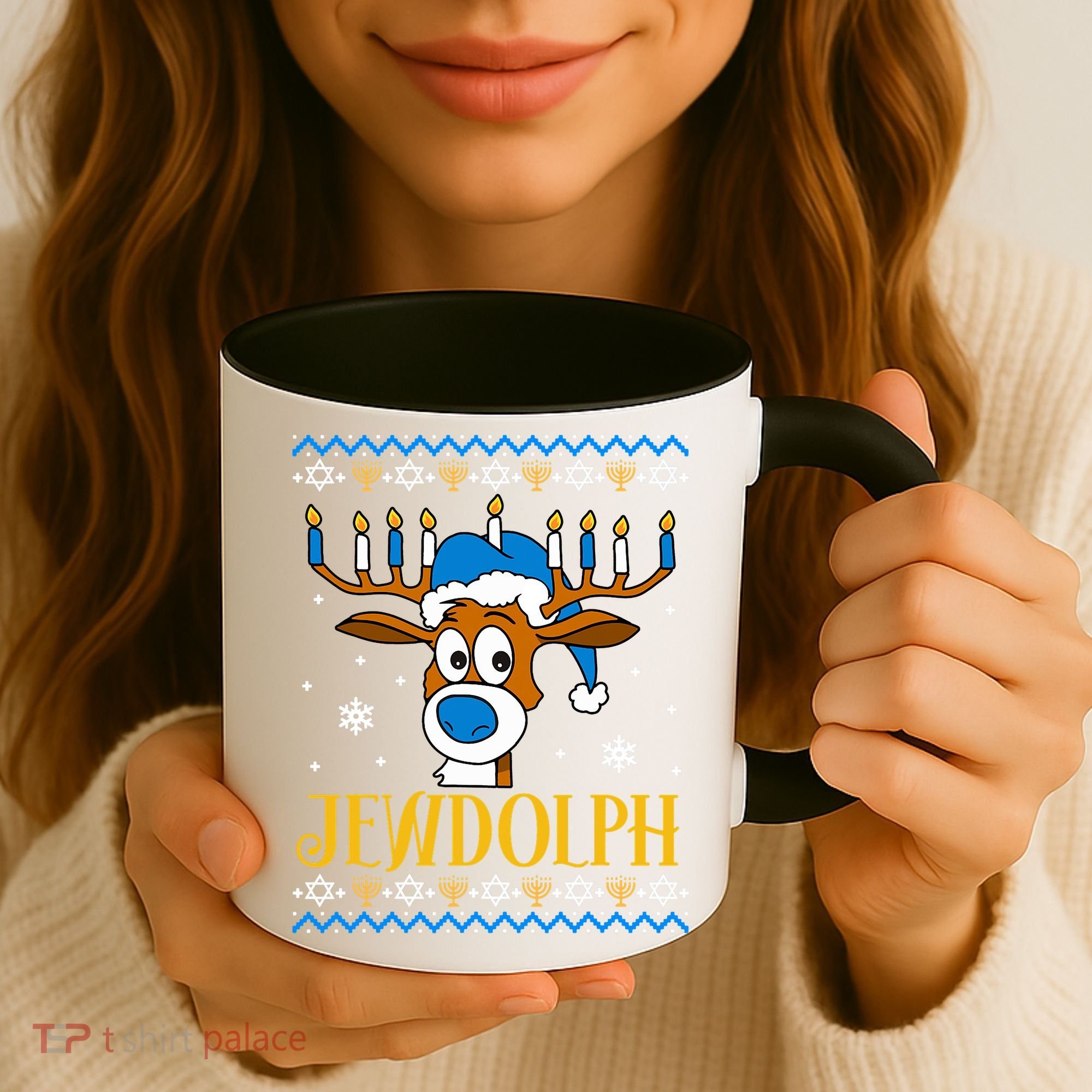 Hanukkah Gets A Humorous Touch With The Funny Jewdolph Ugly Sweater Featuring A Coffee Mug