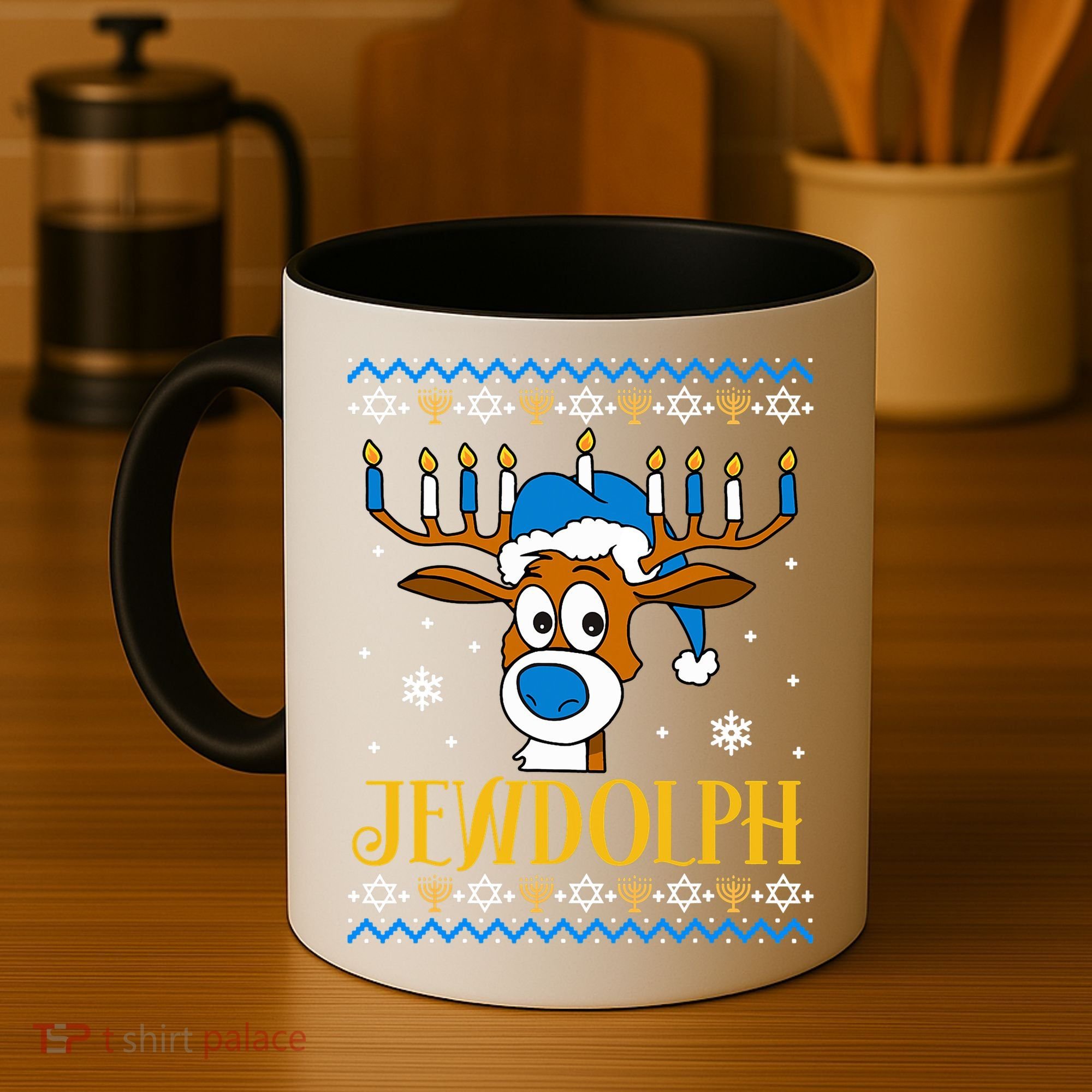 Hanukkah Gets A Humorous Touch With The Funny Jewdolph Ugly Sweater Featuring A Coffee Mug