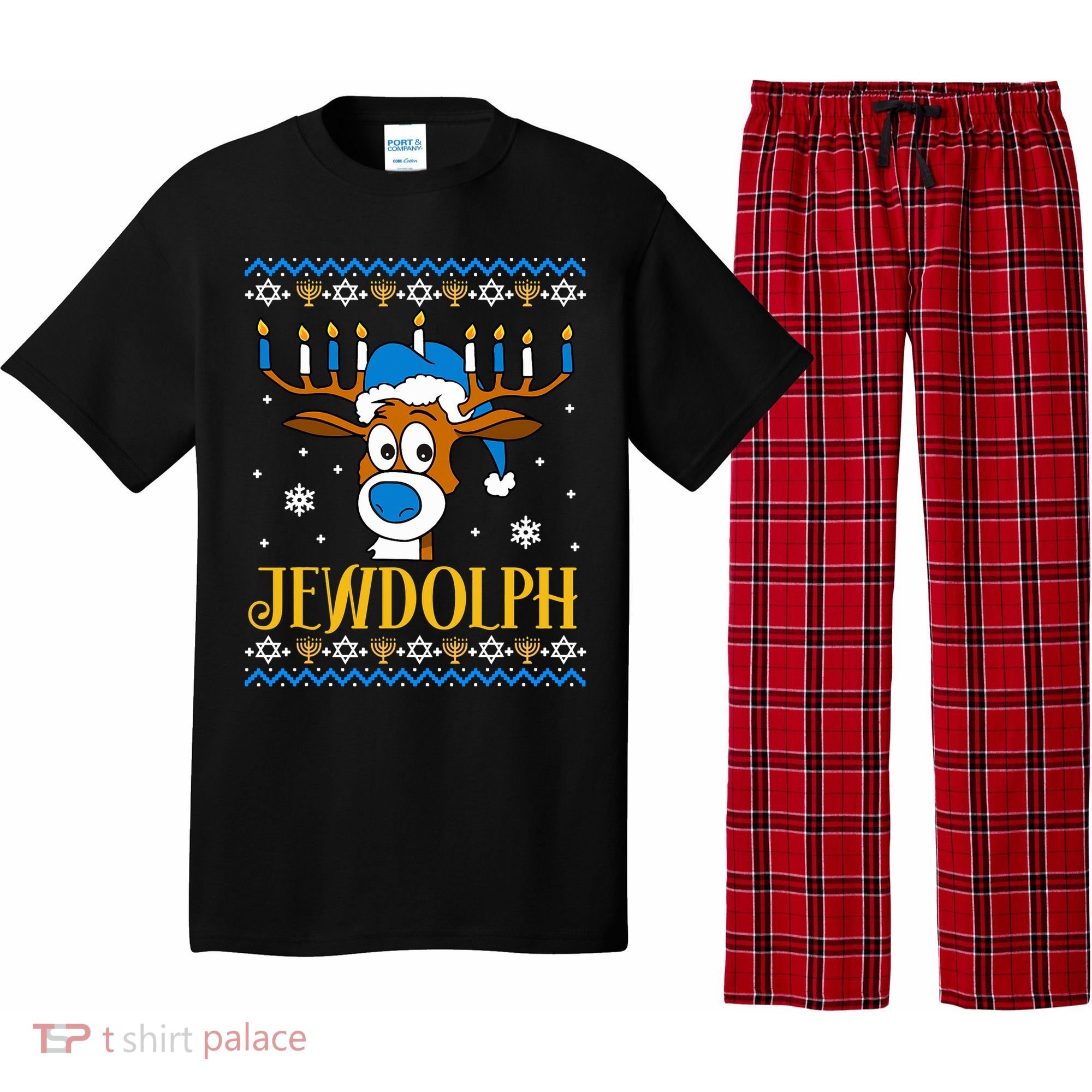 Hanukkah Gets A Humorous Touch With The Funny Jewdolph Ugly Sweater Featuring A Pajama Set