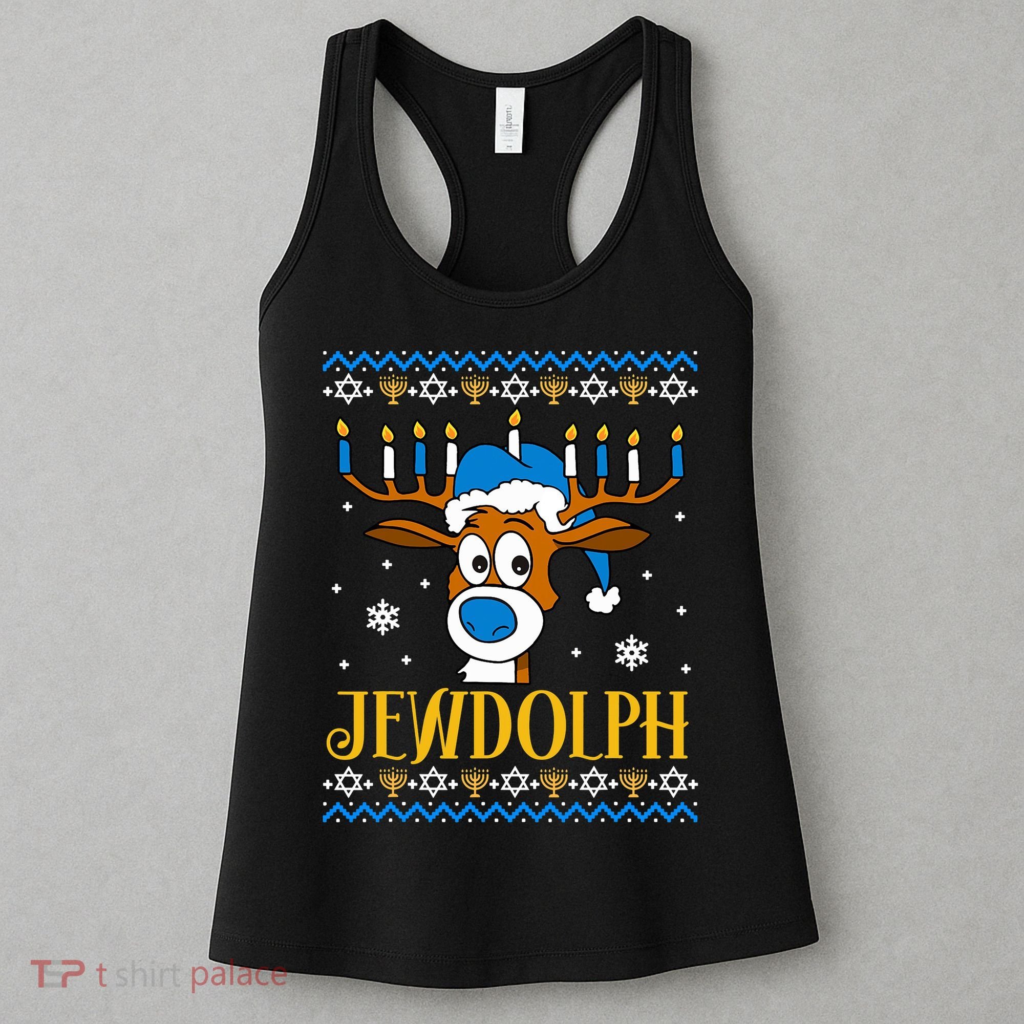 Hanukkah Gets A Humorous Touch With The Funny Jewdolph Ugly Sweater Featuring A Women's Tank Top