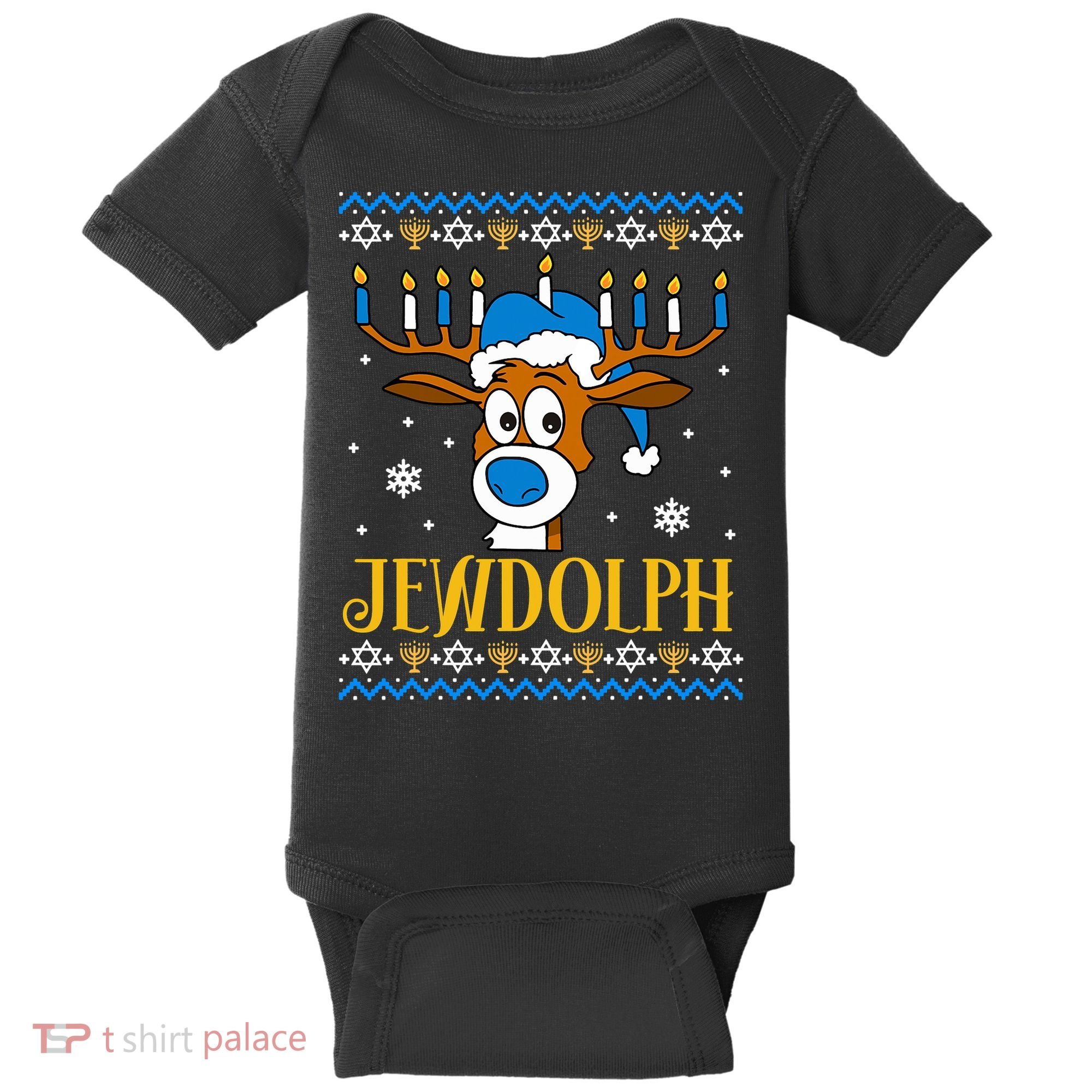 Hanukkah Gets A Humorous Touch With The Funny Jewdolph Ugly Sweater Featuring A Baby Bodysuit