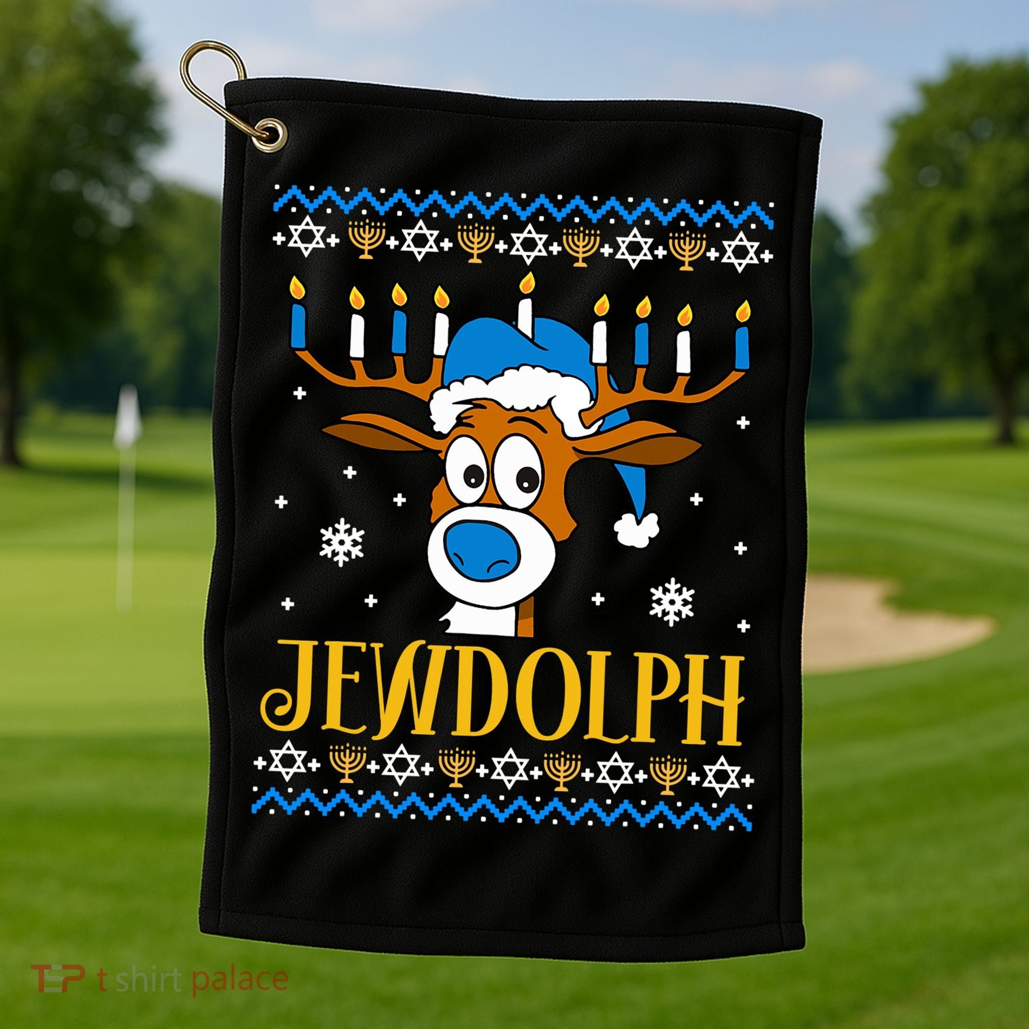 Hanukkah Gets A Humorous Touch With The Funny Jewdolph Ugly Sweater Featuring A Golf Towel
