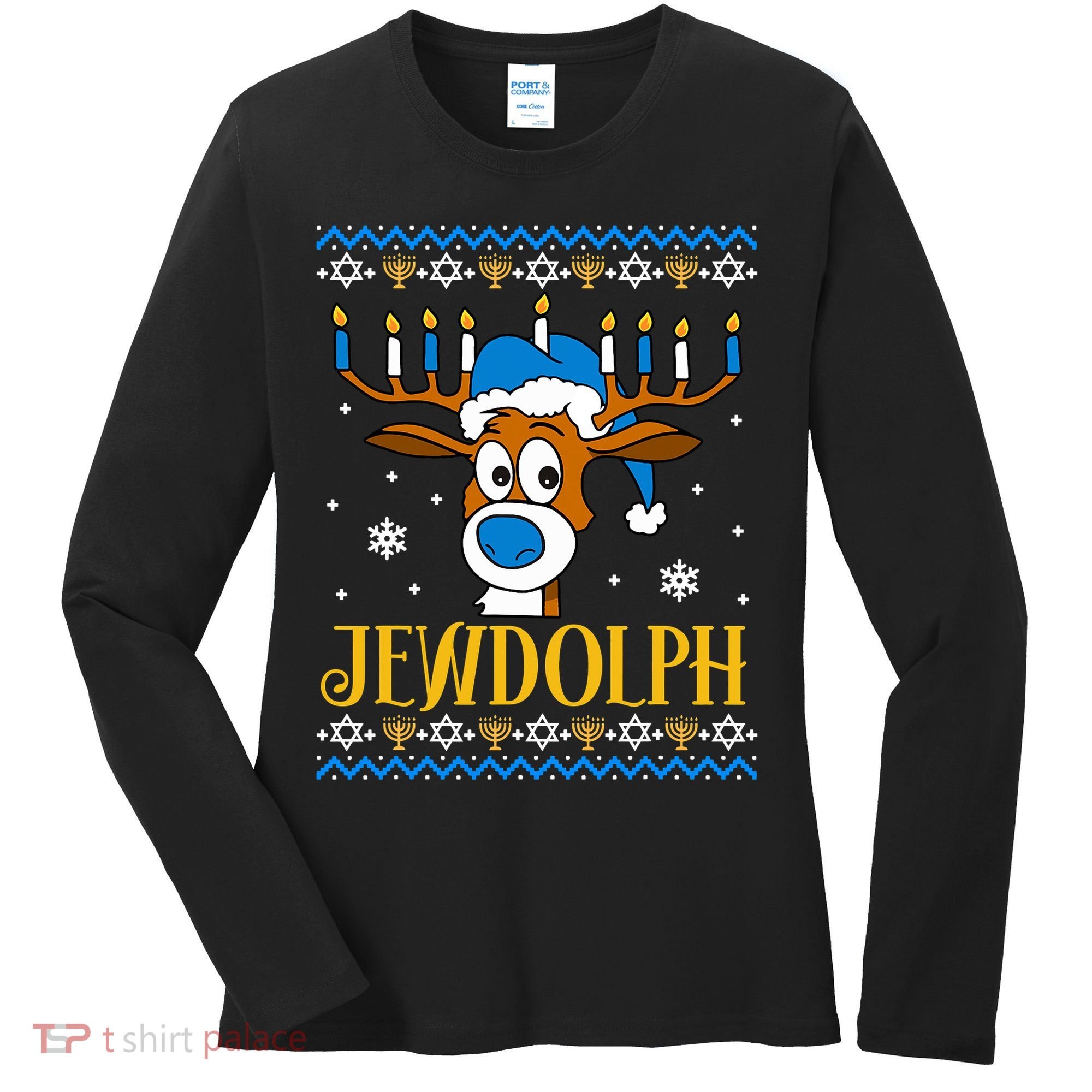 Hanukkah Gets A Humorous Touch With The Funny Jewdolph Ugly Sweater Featuring A Women's Long Sleeve Shirt