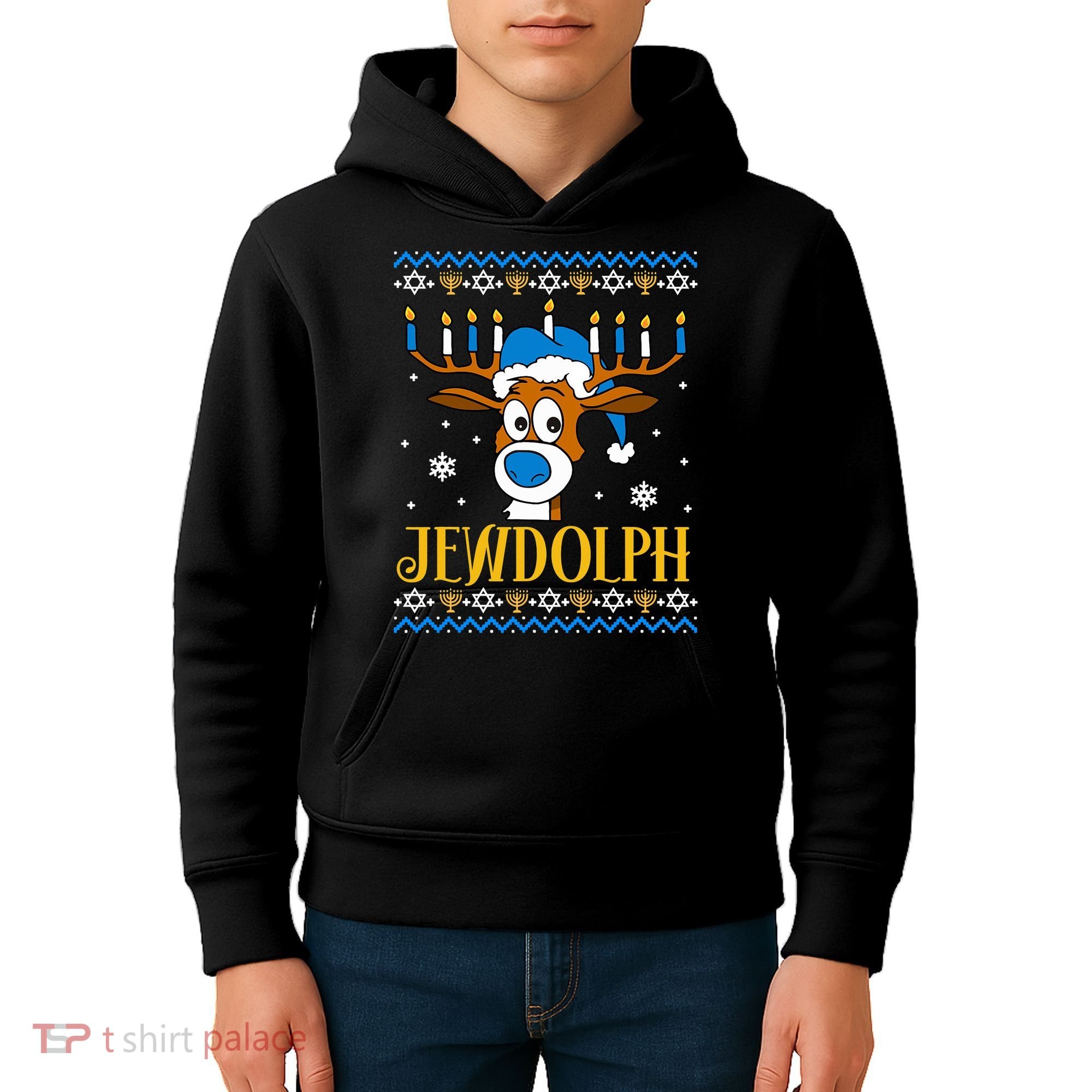 Hanukkah Gets A Humorous Touch With The Funny Jewdolph Ugly Sweater Featuring A Kids Hoodie