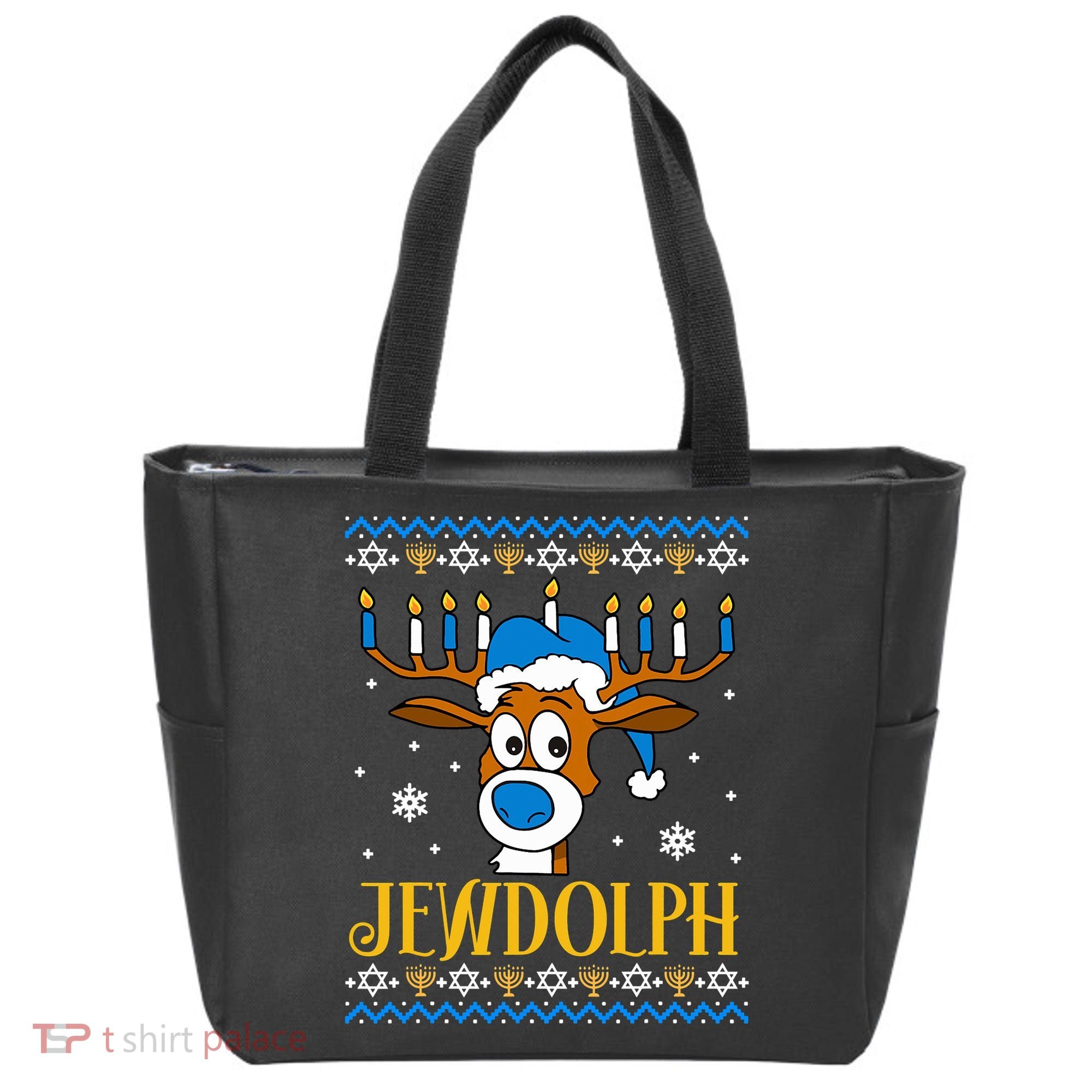 Hanukkah Gets A Humorous Touch With The Funny Jewdolph Ugly Sweater Featuring A Tote Bag