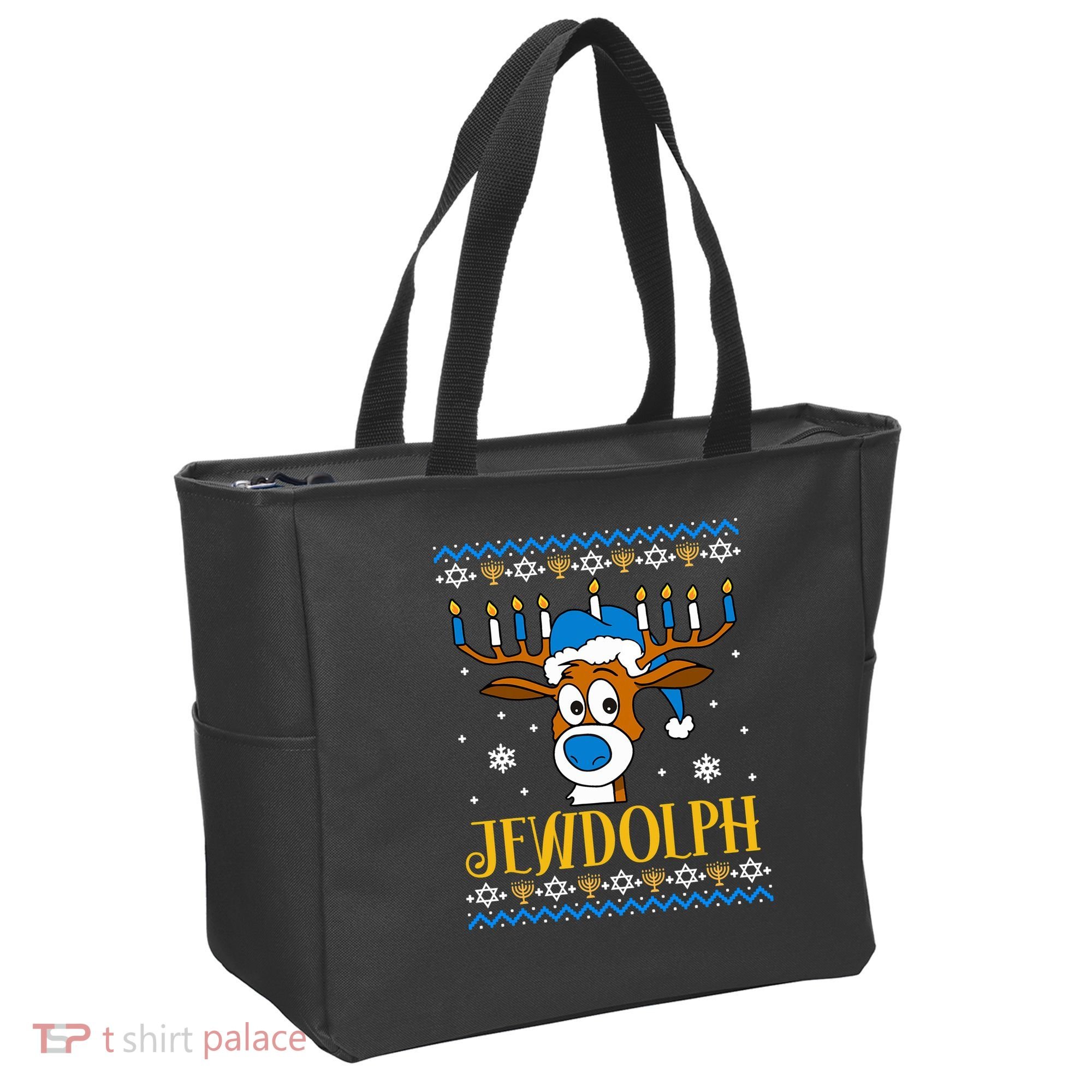 Hanukkah Gets A Humorous Touch With The Funny Jewdolph Ugly Sweater Featuring A Tote Bag