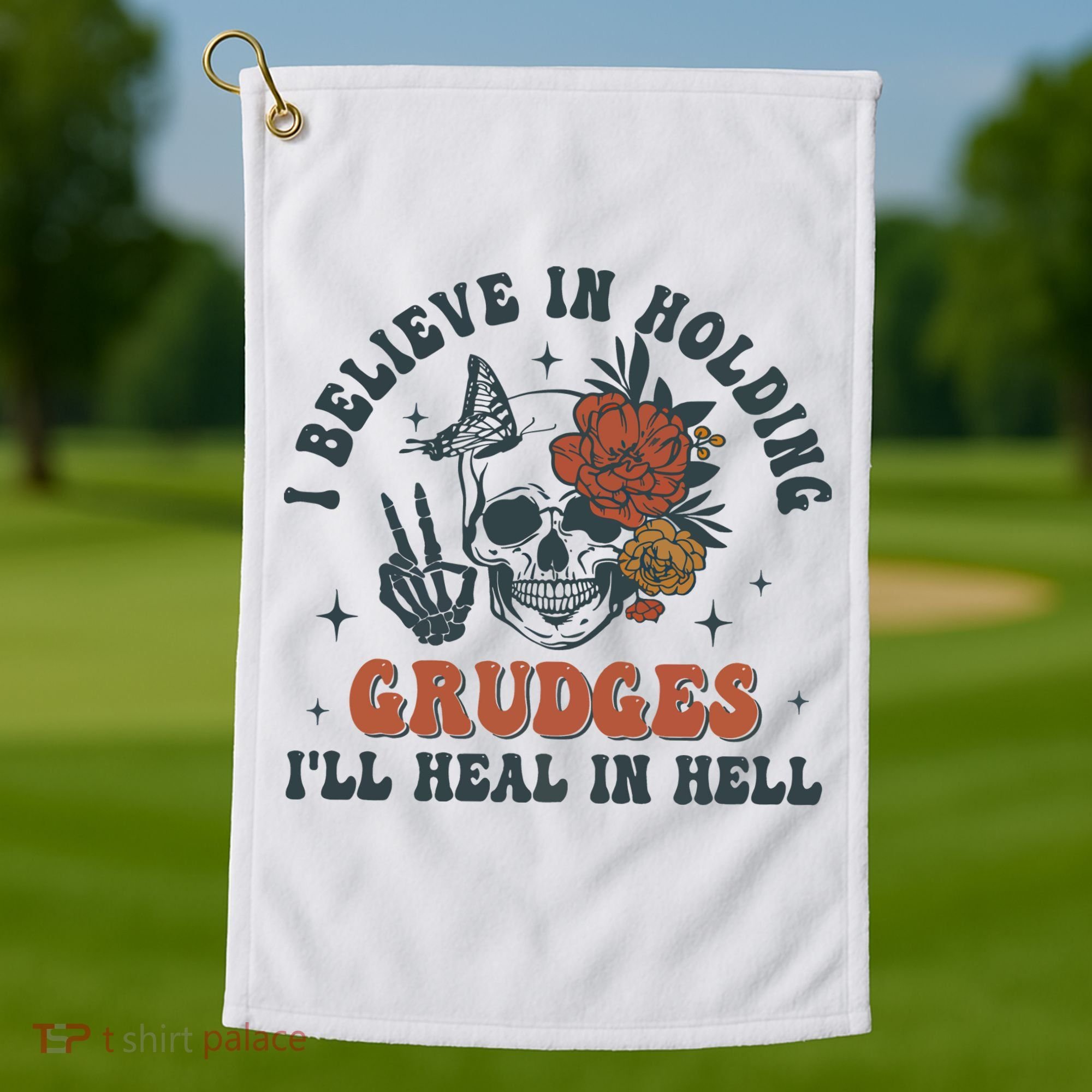 Holding Grudges Floral Skull Golf Towel