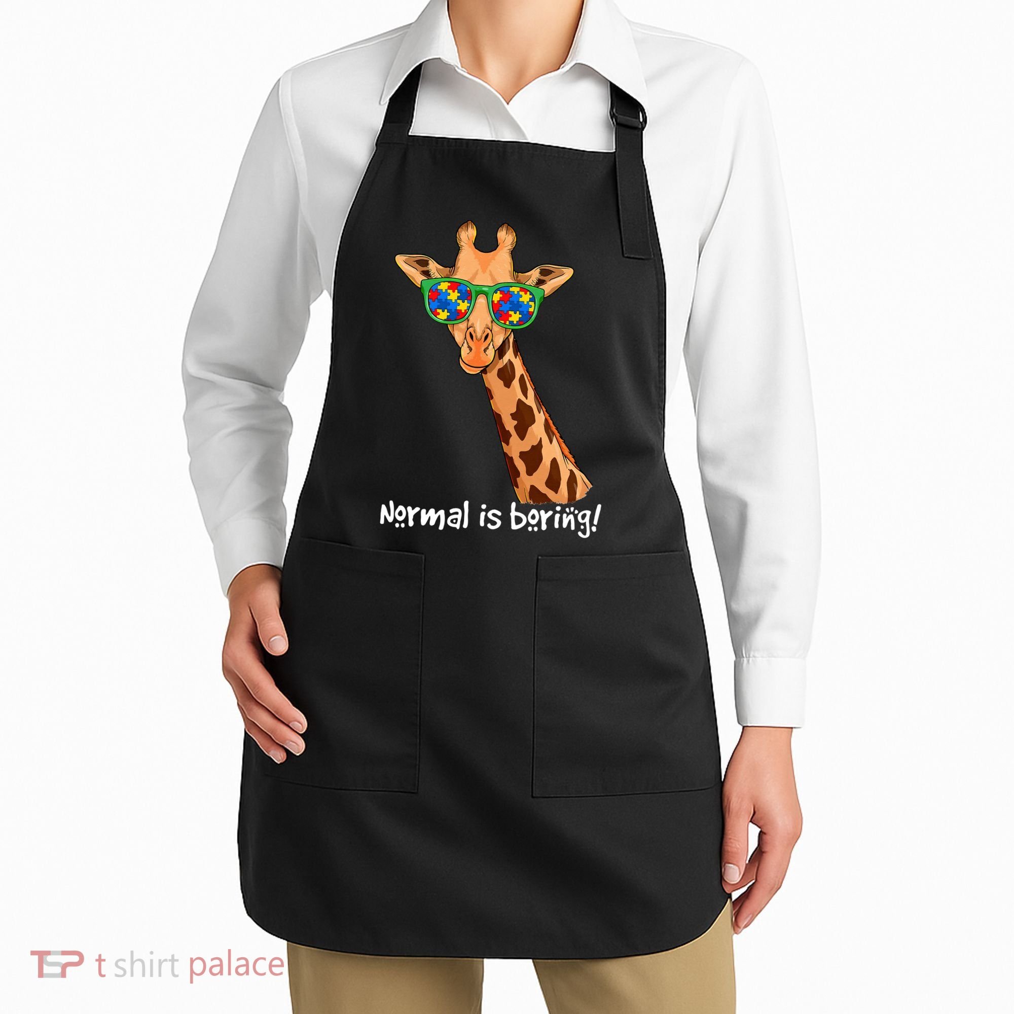 Hipster Giraffe Glasses Normal is Boring Autism Awareness Apron