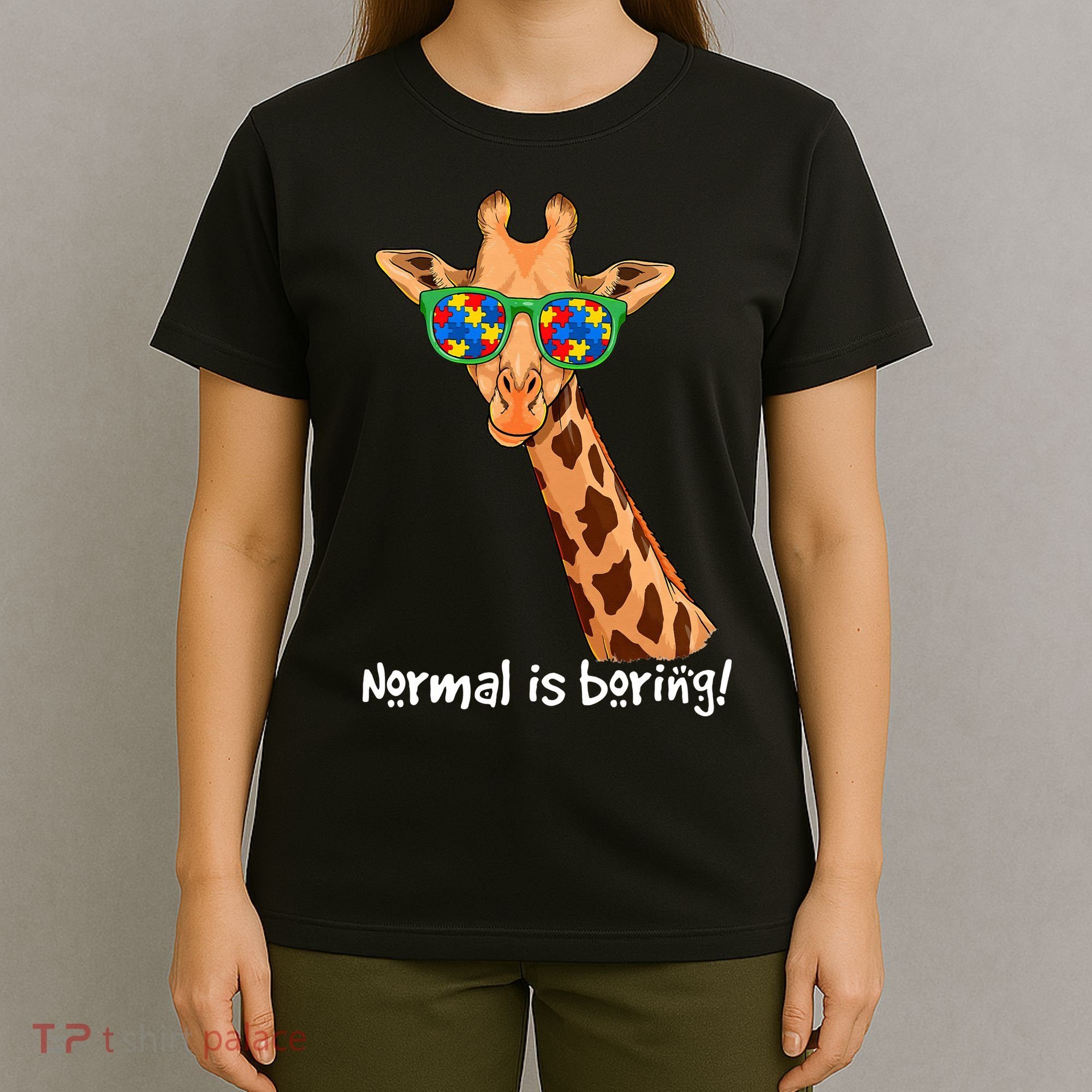 Hipster Giraffe Glasses Normal is Boring Autism Awareness T-Shirt