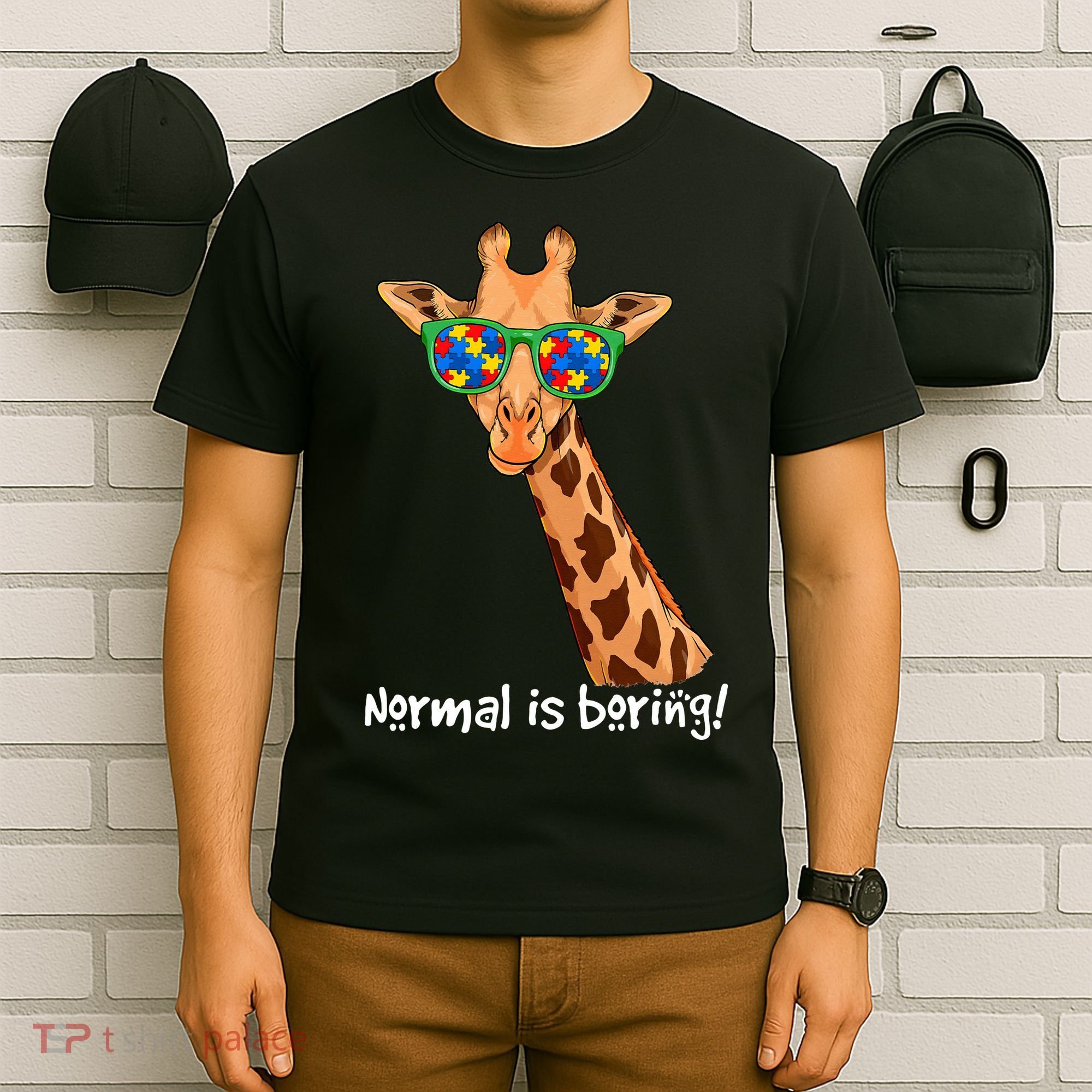 Hipster Giraffe Glasses Normal is Boring Autism Awareness T-Shirt