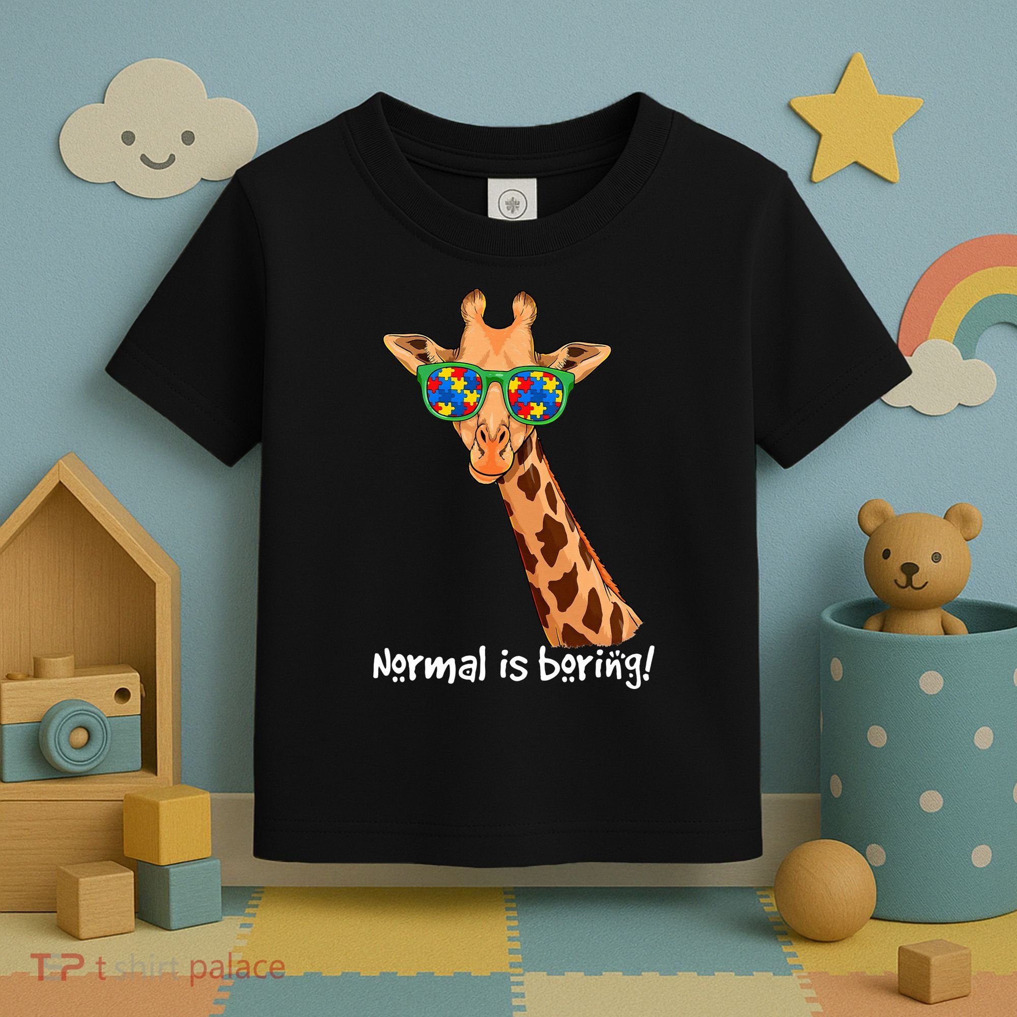 Hipster Giraffe Glasses Normal is Boring Autism Awareness Toddler T-Shirt