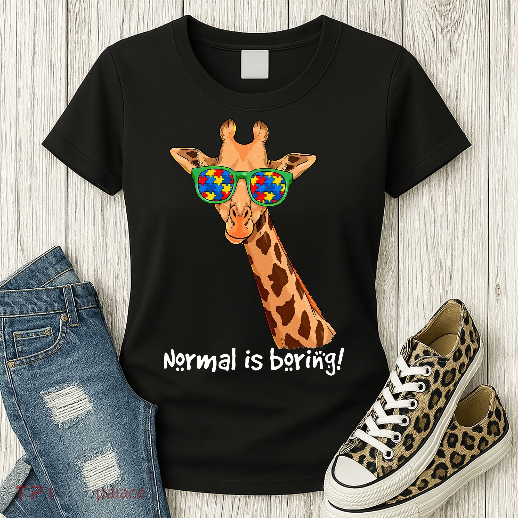 Hipster Giraffe Glasses Normal is Boring Autism Awareness Women's T-Shirt
