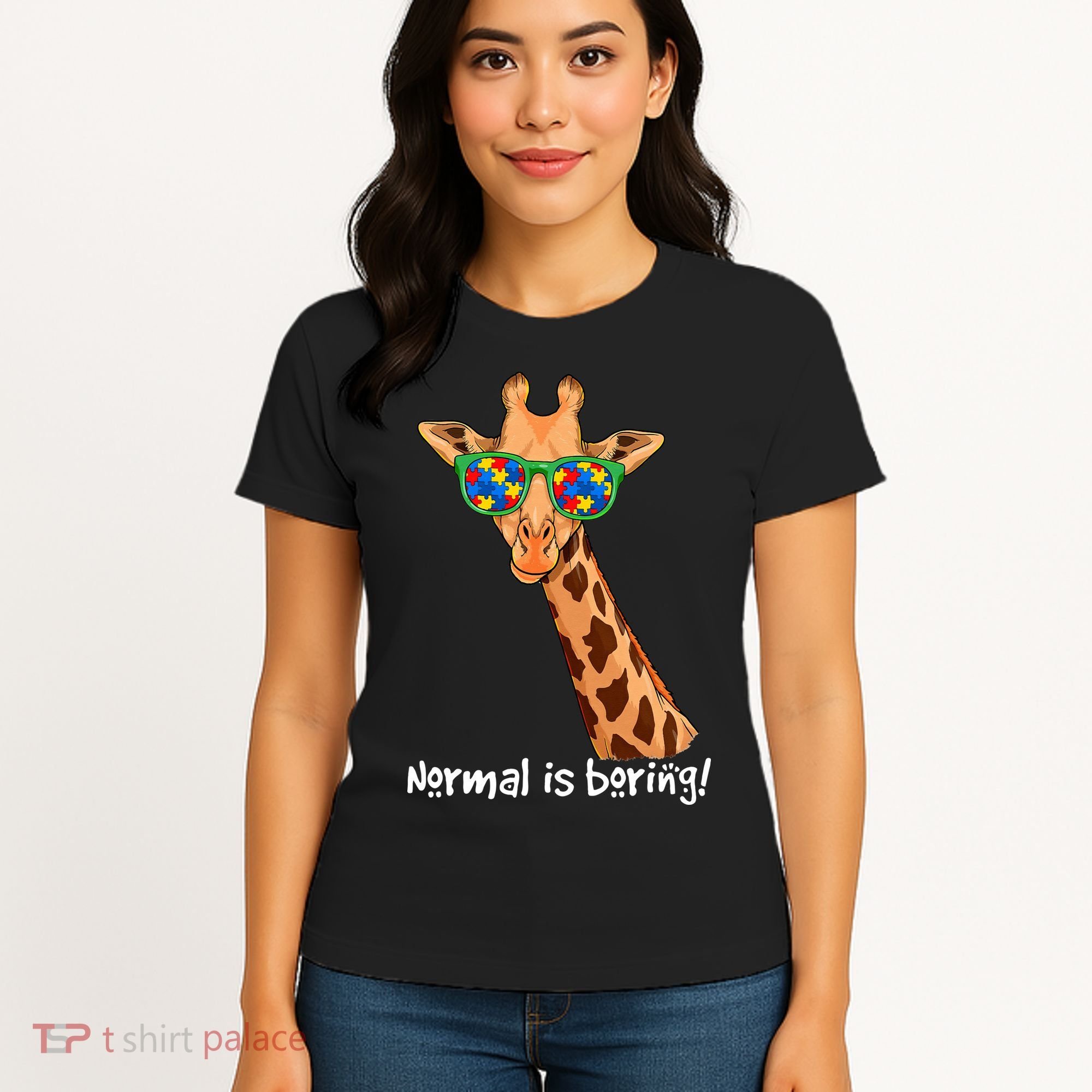 Hipster Giraffe Glasses Normal is Boring Autism Awareness Women's T-Shirt