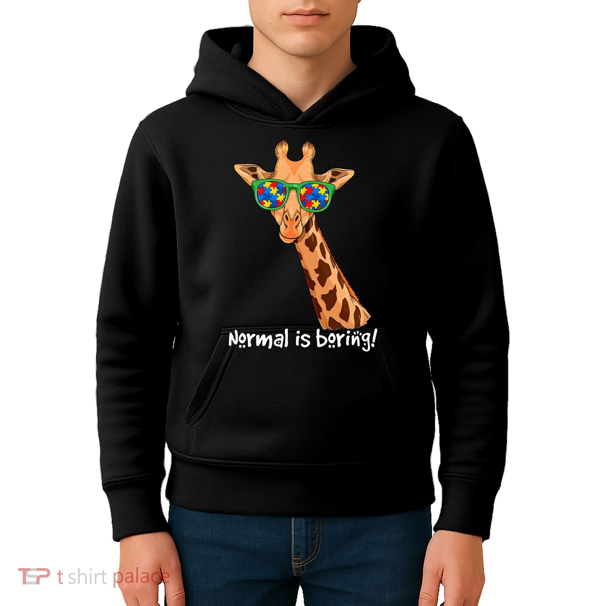 Hipster Giraffe Glasses Normal is Boring Autism Awareness Kids Hoodie