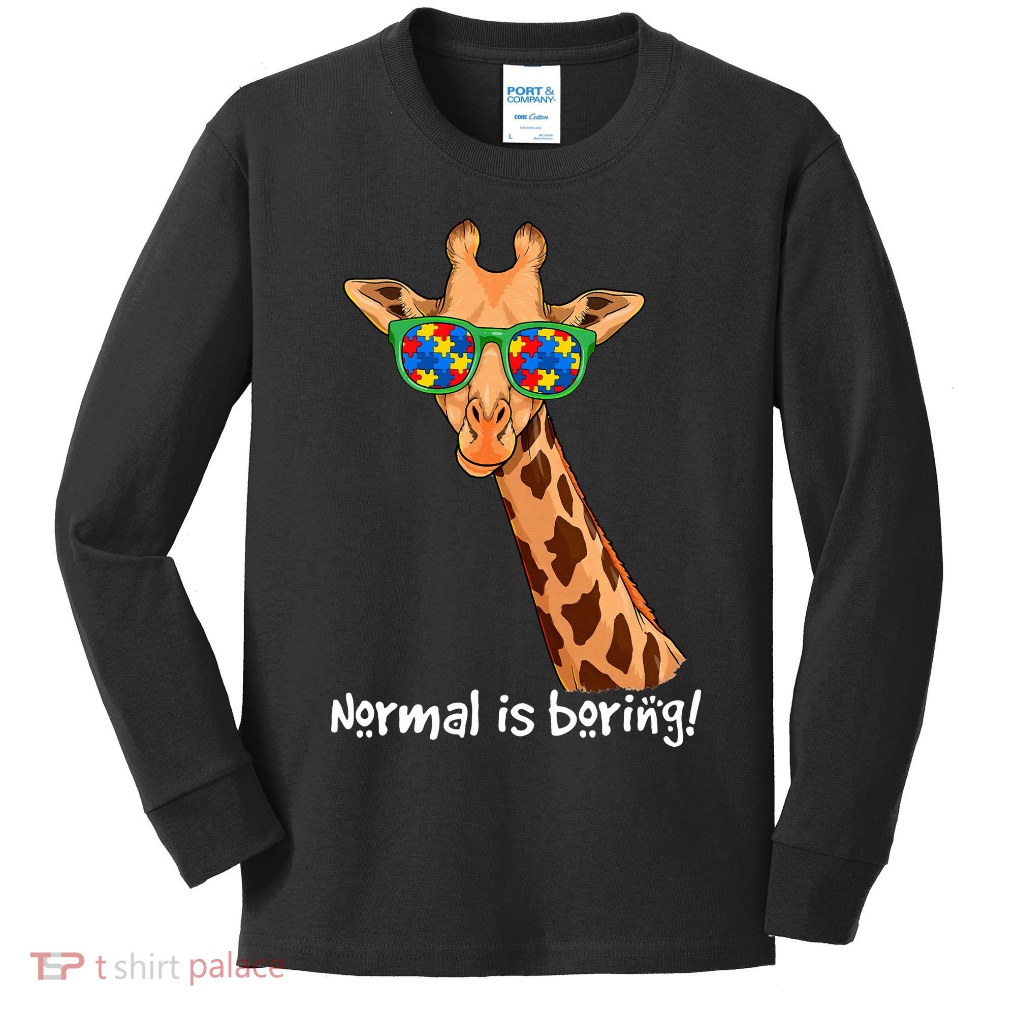 Hipster Giraffe Glasses Normal is Boring Autism Awareness Kids Long Sleeve Shirt