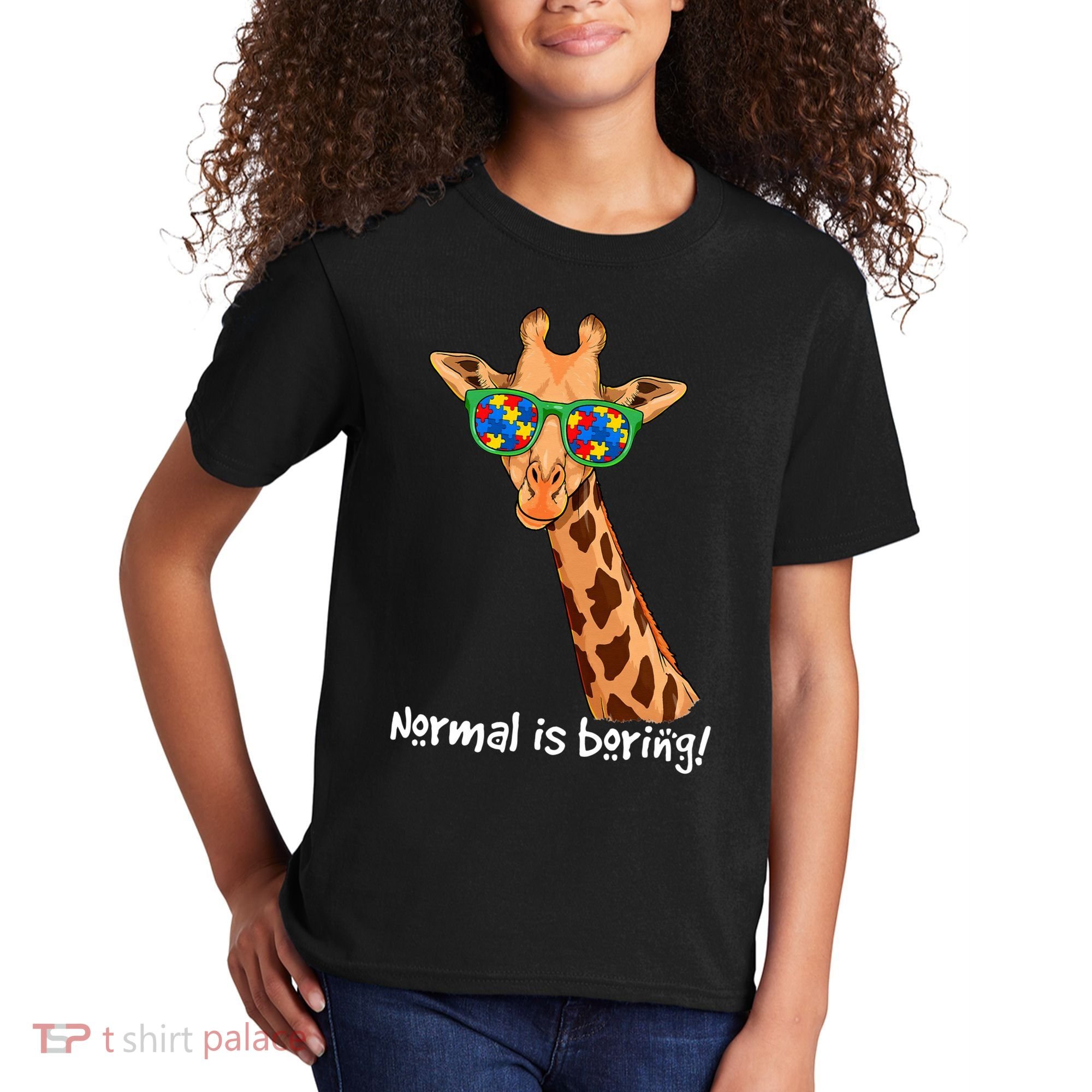 Hipster Giraffe Glasses Normal is Boring Autism Awareness Kids T-Shirt