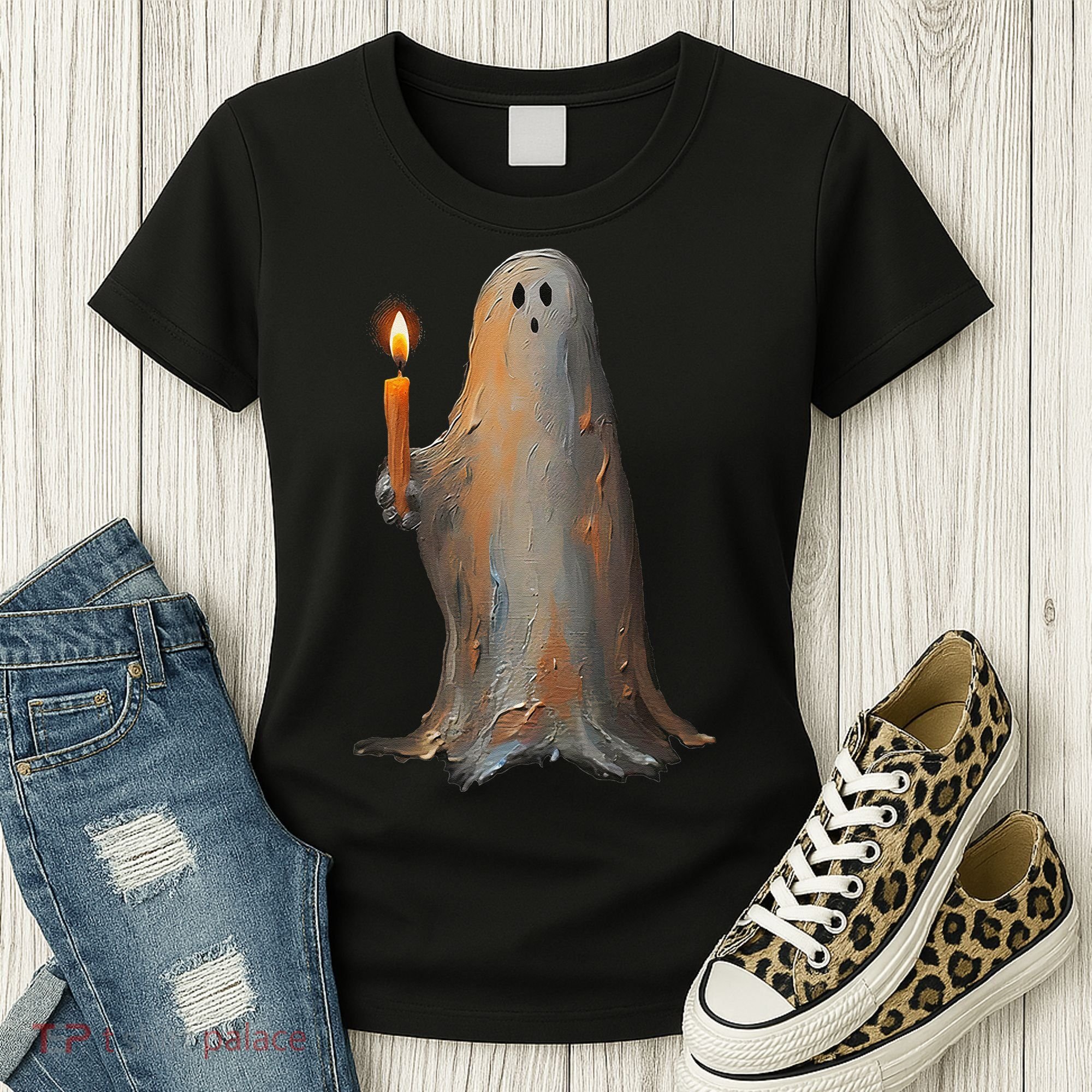 Halloween Ghost Holding Candle Spooky Women's T-Shirt