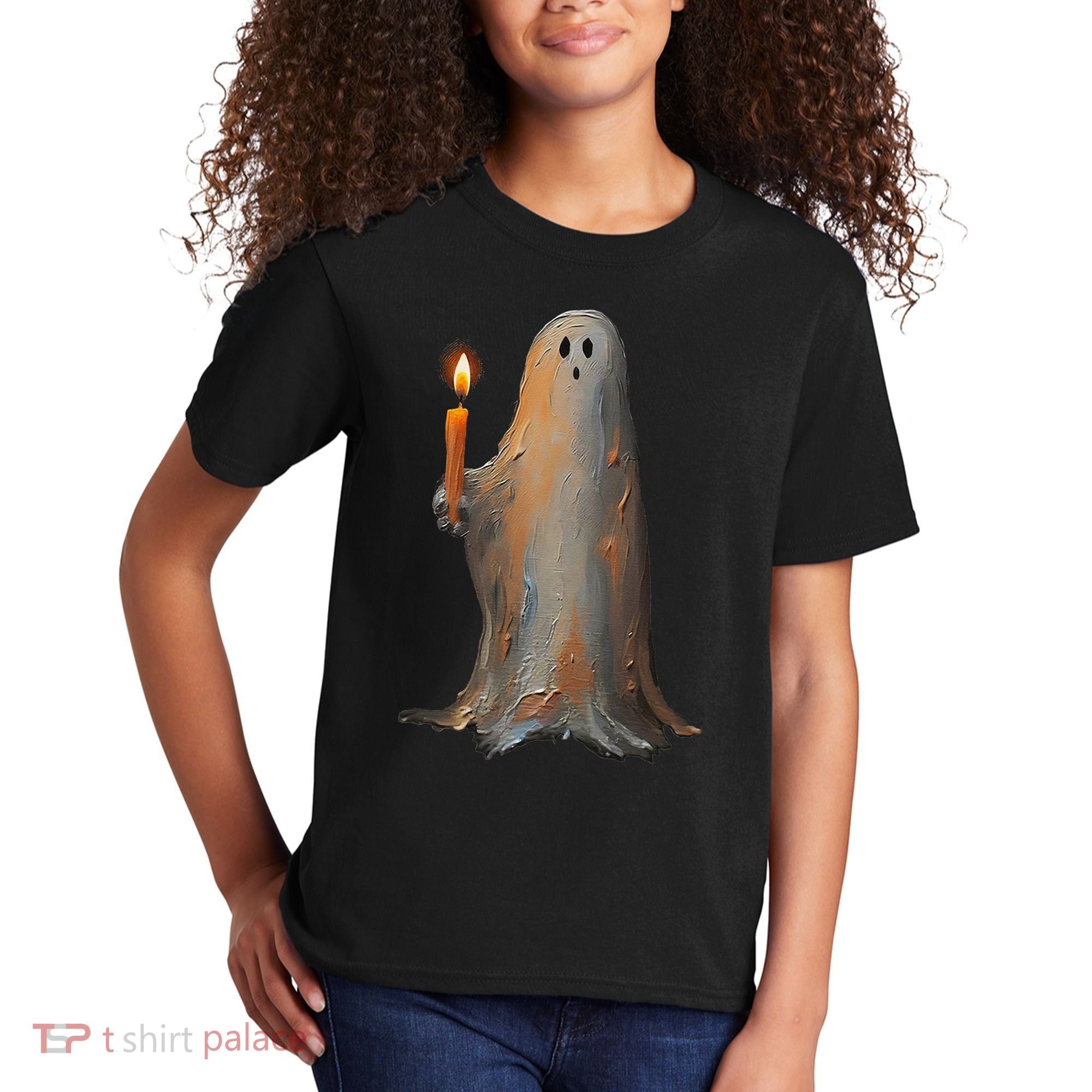 Halloween Ghost Holding Candle Spooky Kids T-Shirt