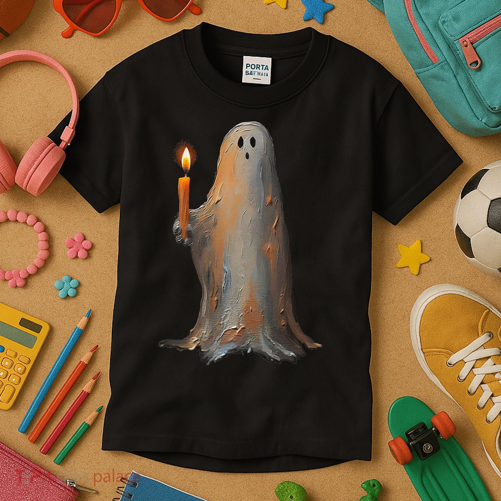 Halloween Ghost Holding Candle Spooky Kids T-Shirt