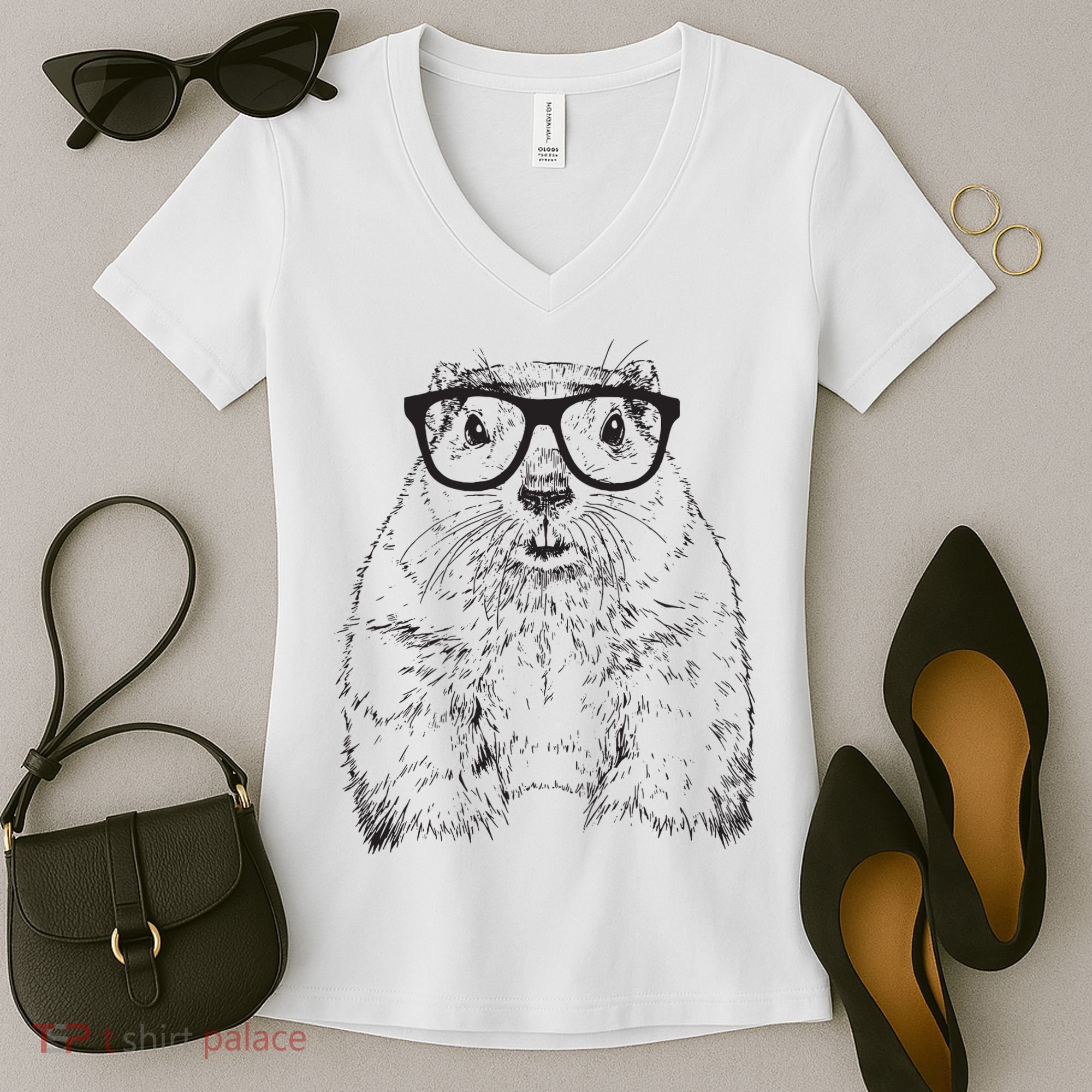 Hipster Groundhog In Nerd Glasses Animal Women's V-Neck T-Shirt