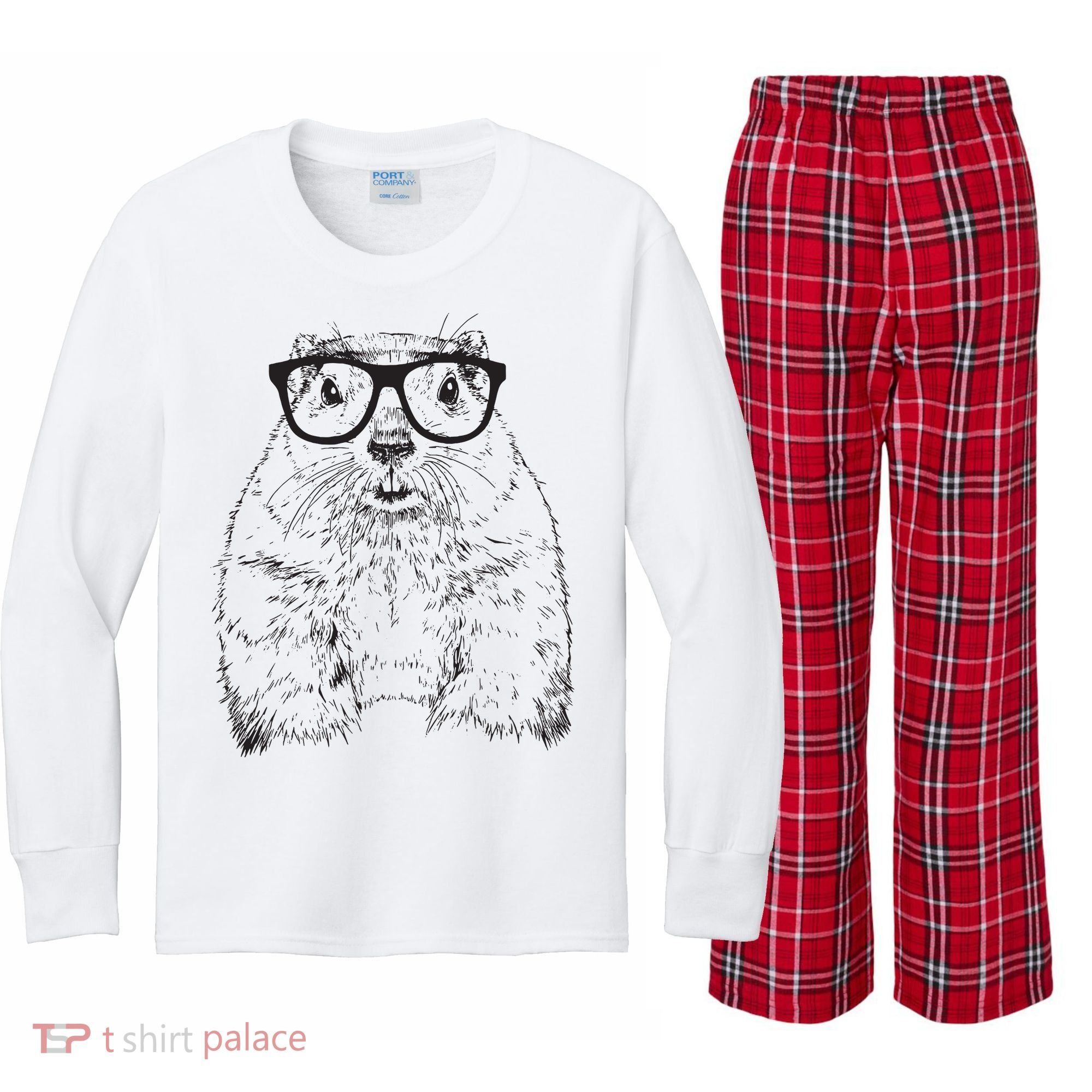 Hipster Groundhog In Nerd Glasses Animal Kids Long Sleeve Plaid Pajama Set