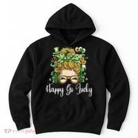 Happy Go Lucky Women Shamrock Messy Bun St. Patrick's Day Hoodie thumb 0