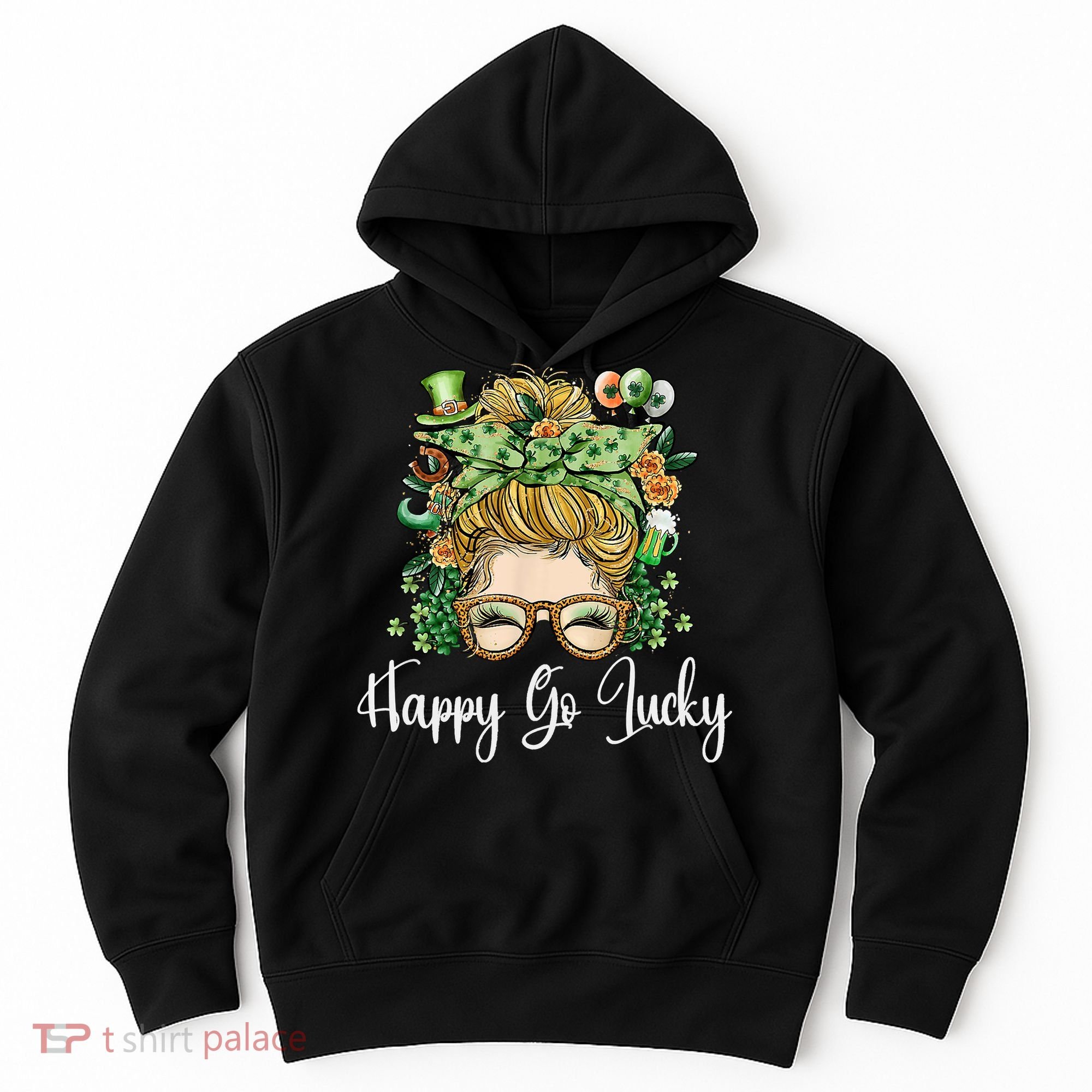 Happy Go Lucky Women Shamrock Messy Bun St. Patrick's Day Hoodie