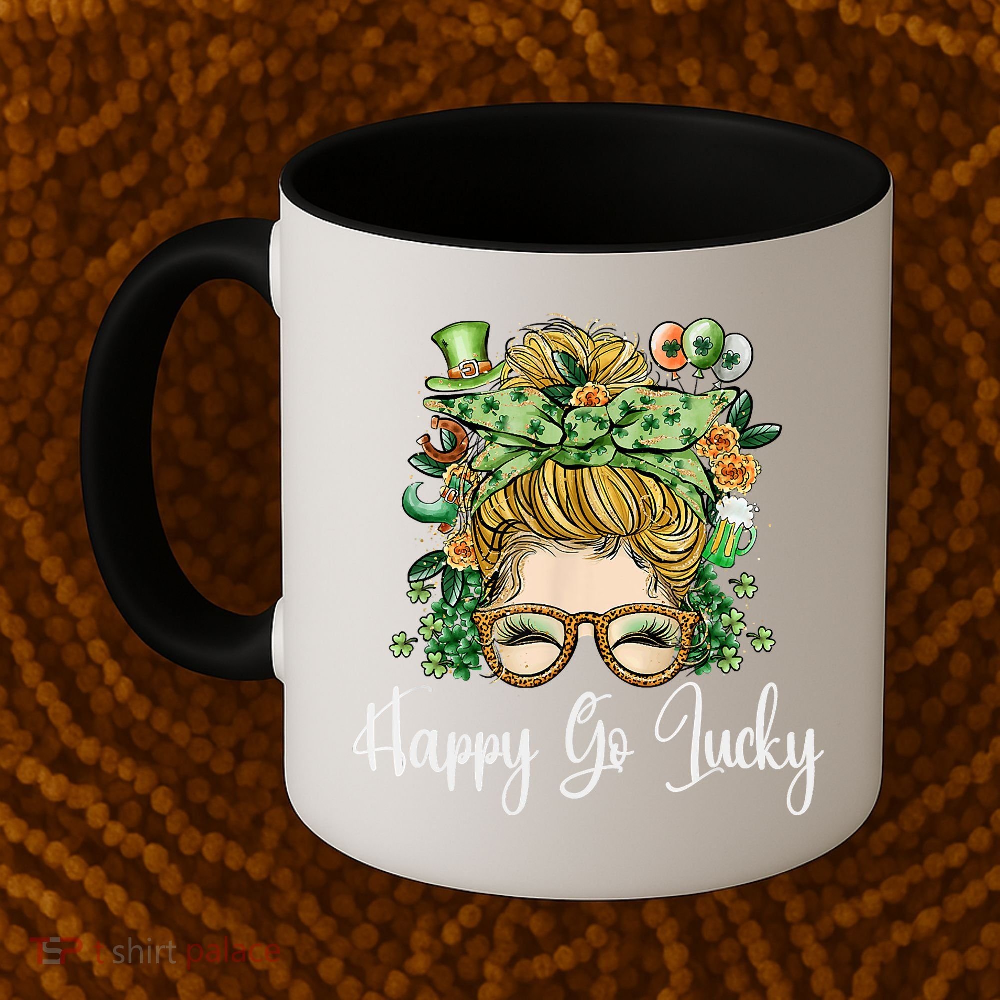 Happy Go Lucky Women Shamrock Messy Bun St. Patrick's Day Coffee Mug