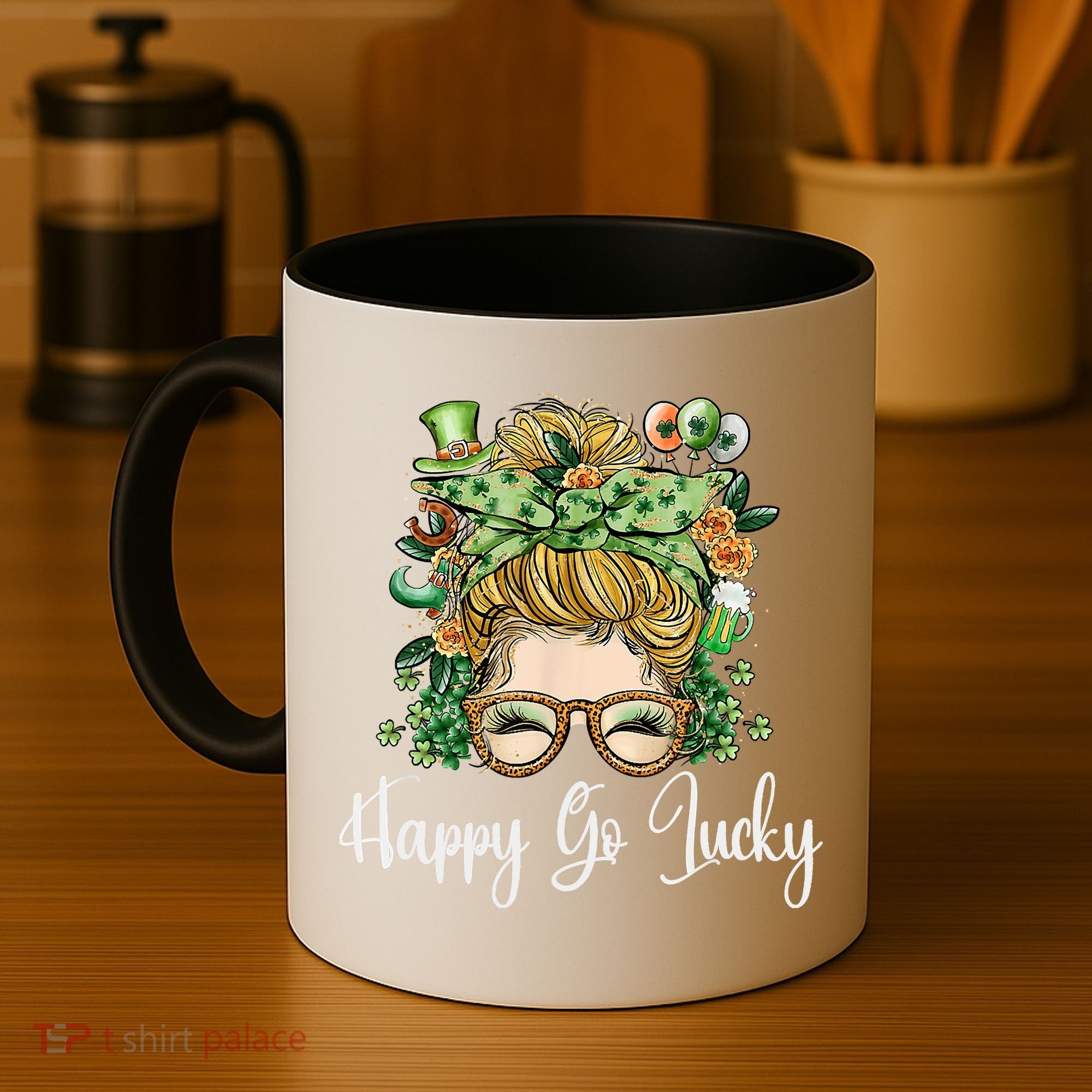Happy Go Lucky Women Shamrock Messy Bun St. Patrick's Day Coffee Mug