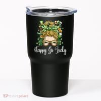 Happy Go Lucky Women Shamrock Messy Bun St. Patrick's Day Tumbler thumb 0