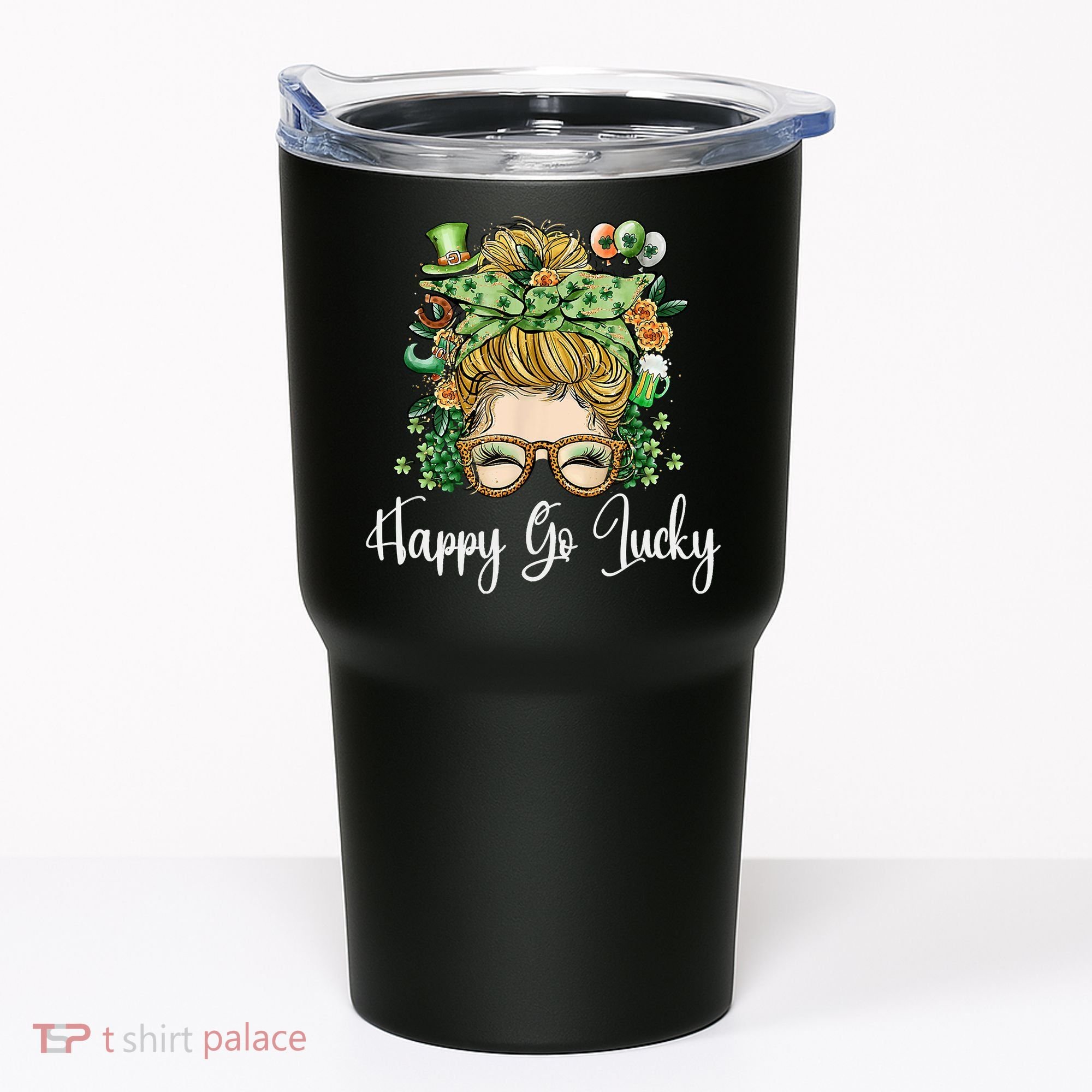 Happy Go Lucky Women Shamrock Messy Bun St. Patrick's Day Tumbler