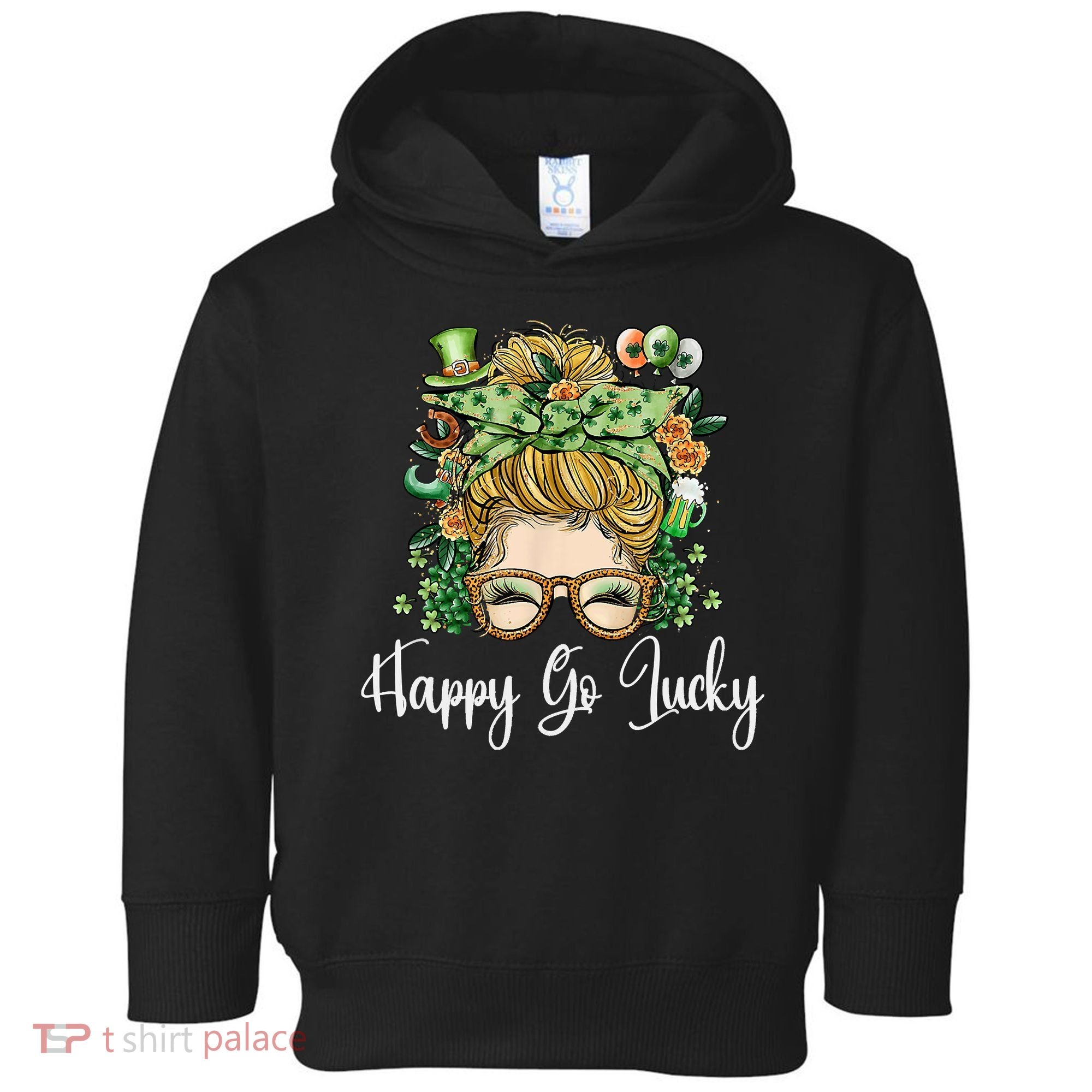 Happy Go Lucky Women Shamrock Messy Bun St. Patrick's Day Toddler Hoodie