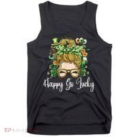 Happy Go Lucky Women Shamrock Messy Bun St. Patrick's Day Tank Top thumb 0