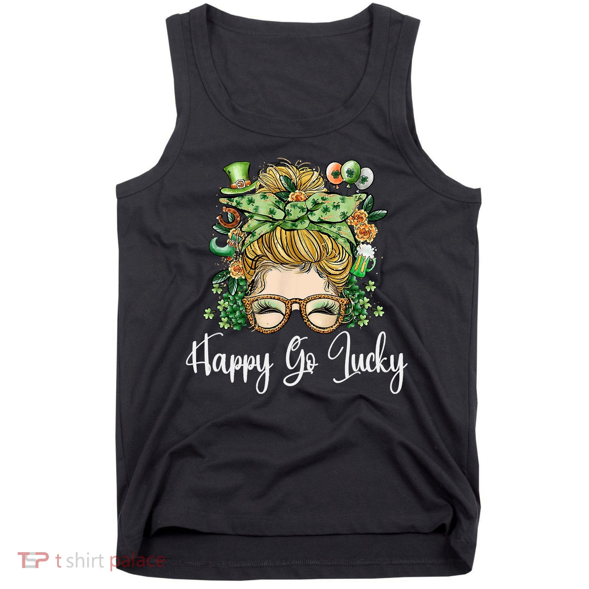 Happy Go Lucky Women Shamrock Messy Bun St. Patrick's Day Tank Top