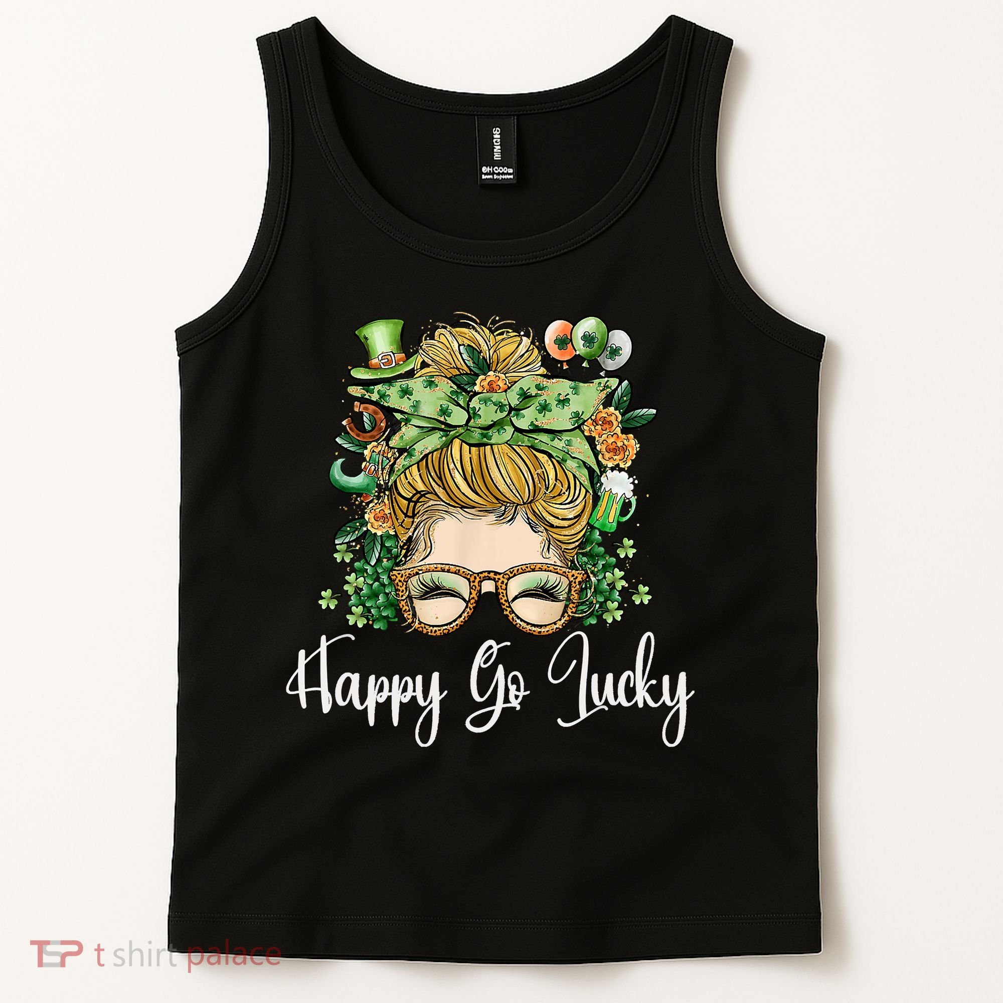 Happy Go Lucky Women Shamrock Messy Bun St. Patrick's Day Tank Top