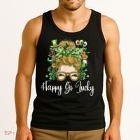 Happy Go Lucky Women Shamrock Messy Bun St. Patrick's Day Tank Top thumb 3