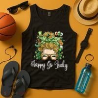 Happy Go Lucky Women Shamrock Messy Bun St. Patrick's Day Tank Top thumb 4