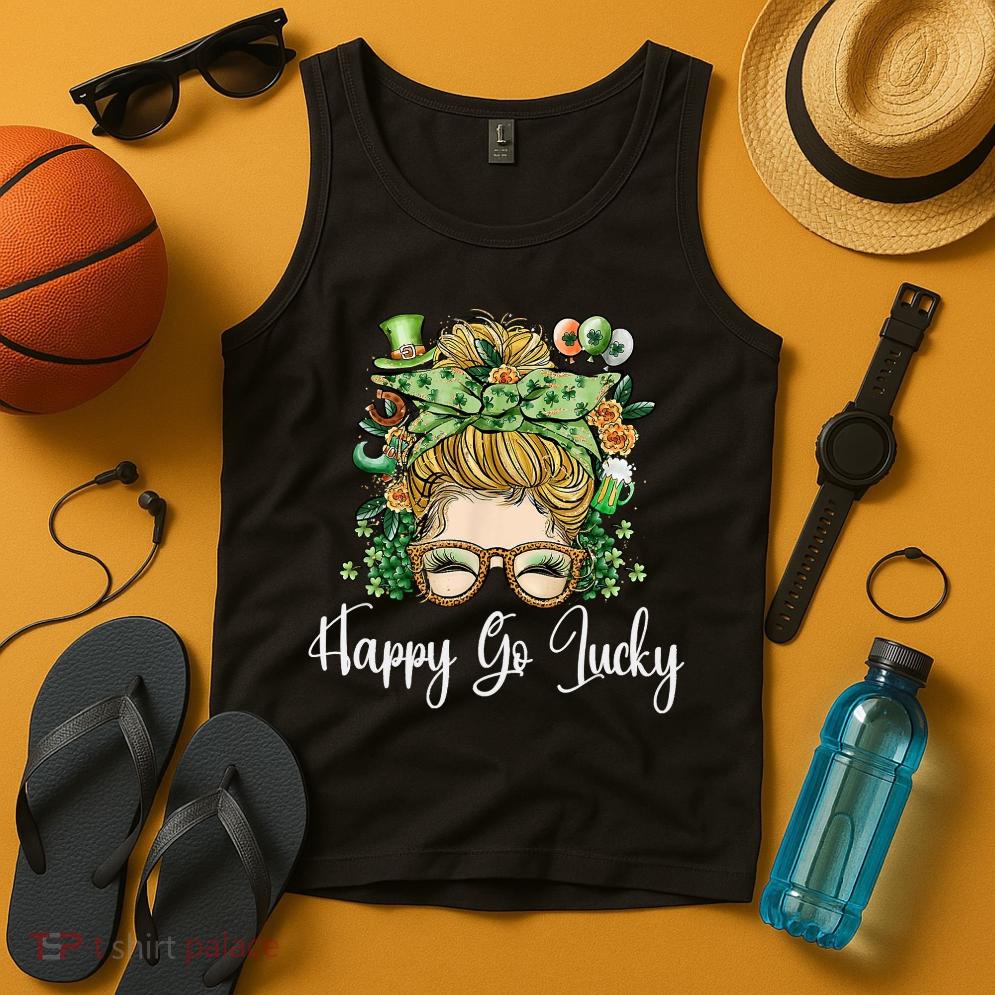 Happy Go Lucky Women Shamrock Messy Bun St. Patrick's Day Tank Top